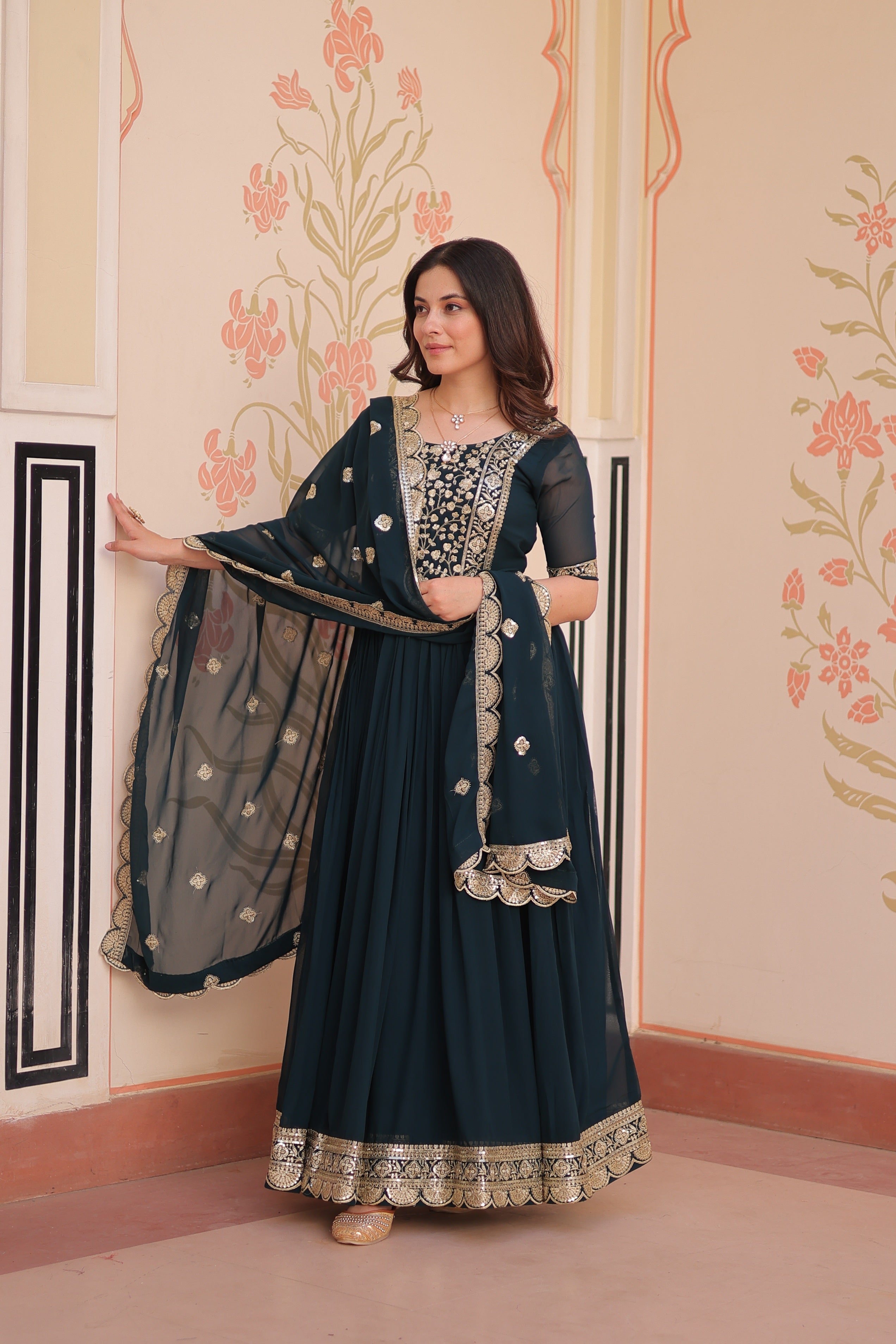 Jyoti Fashion Rama Faux Blooming Sequins Embroidered Anarkali Set with Dupatta