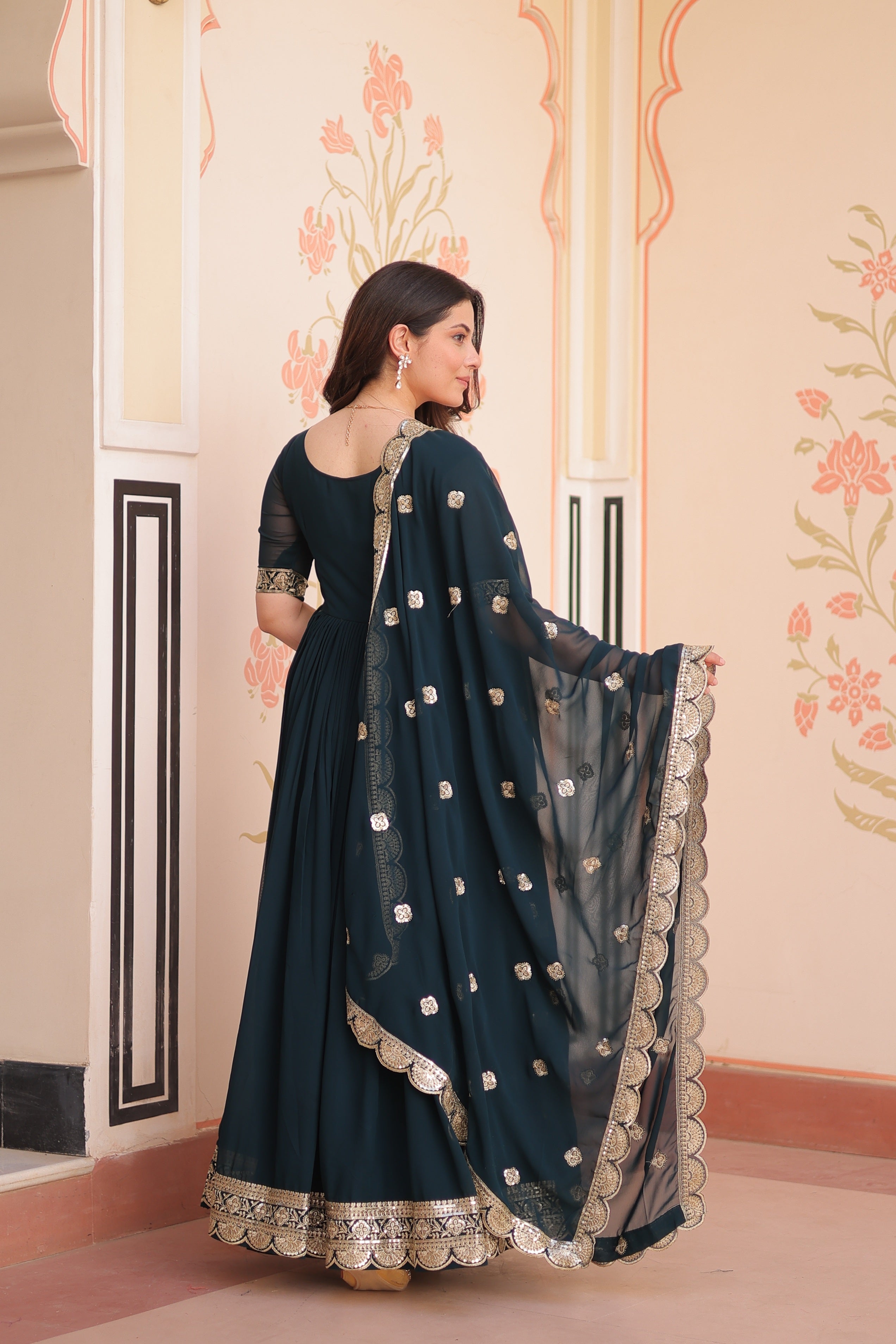 Jyoti Fashion Rama Faux Blooming Sequins Embroidered Anarkali Set with Dupatta
