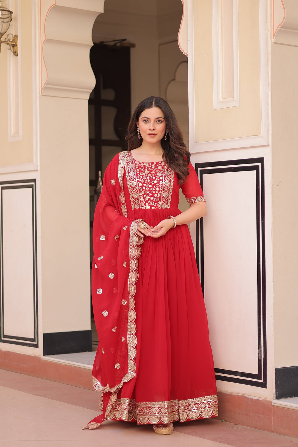 Jyoti Fashion Red Faux Blooming Sequins Embroidered Anarkali Set with Dupatta