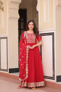 Jyoti Fashion Red Faux Blooming Sequins Embroidered Anarkali Set with Dupatta