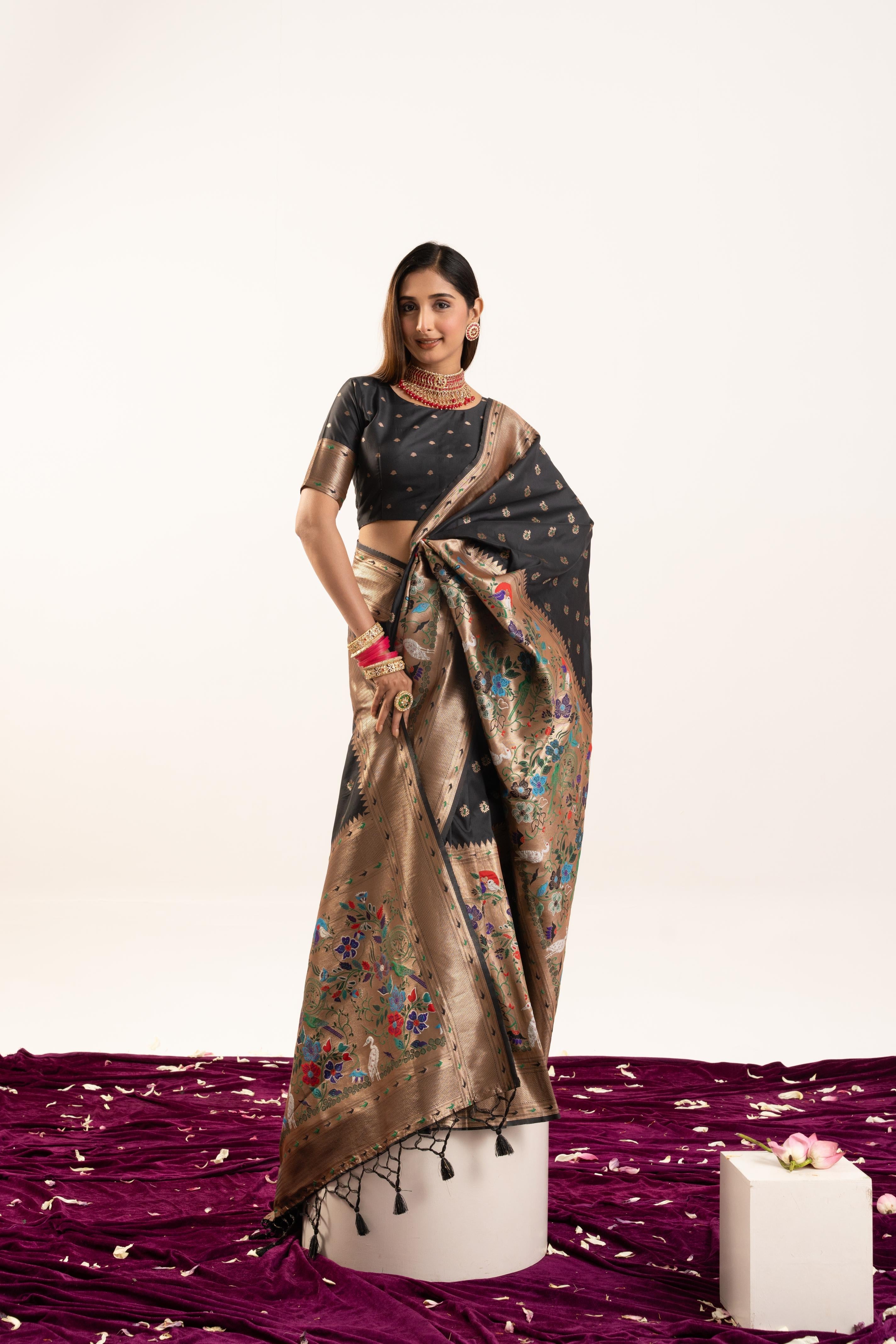 Jyoti Fashion Women's Black Soft Banarasi Silk Zari Woven Saree with Blouse