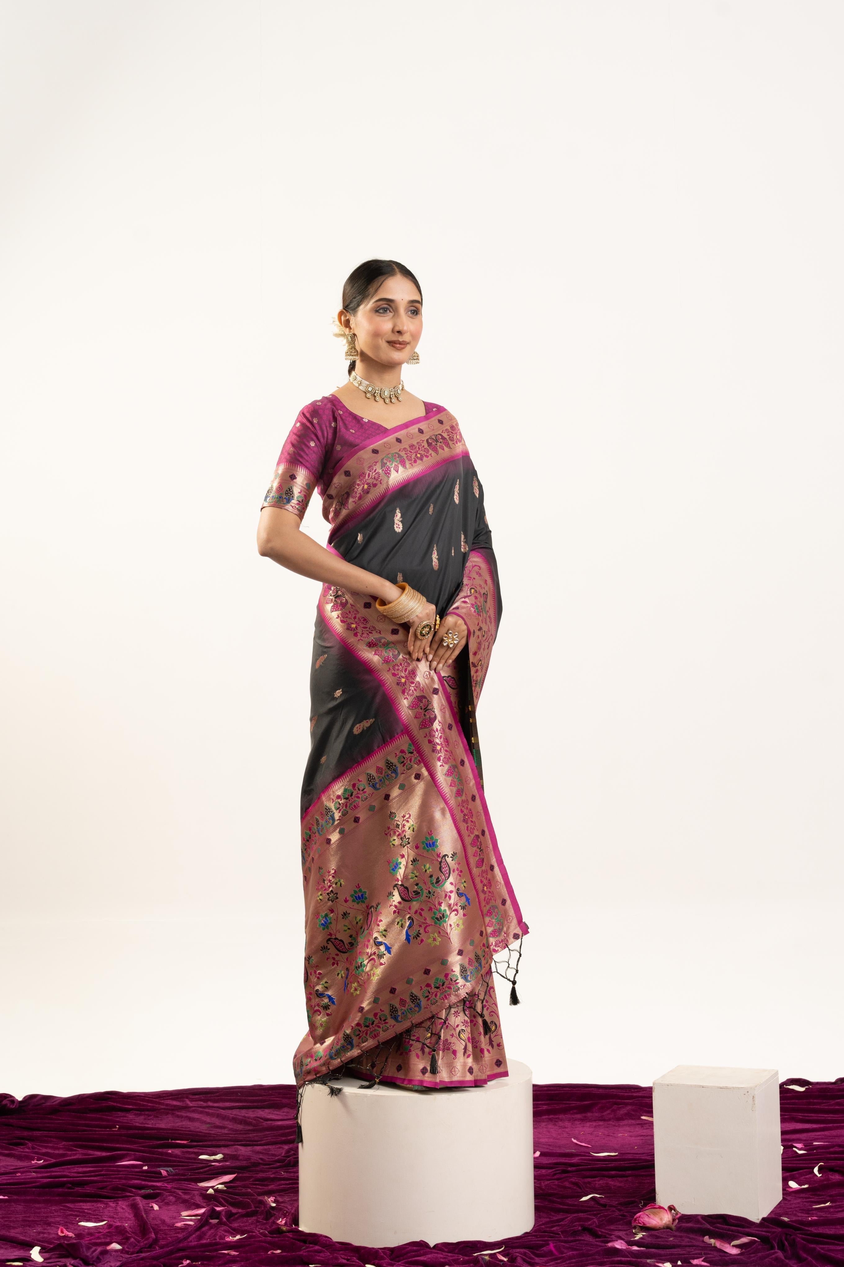 Jyoti Fashion Women's Black Soft Banarasi Silk Zari Woven Saree with Blouse