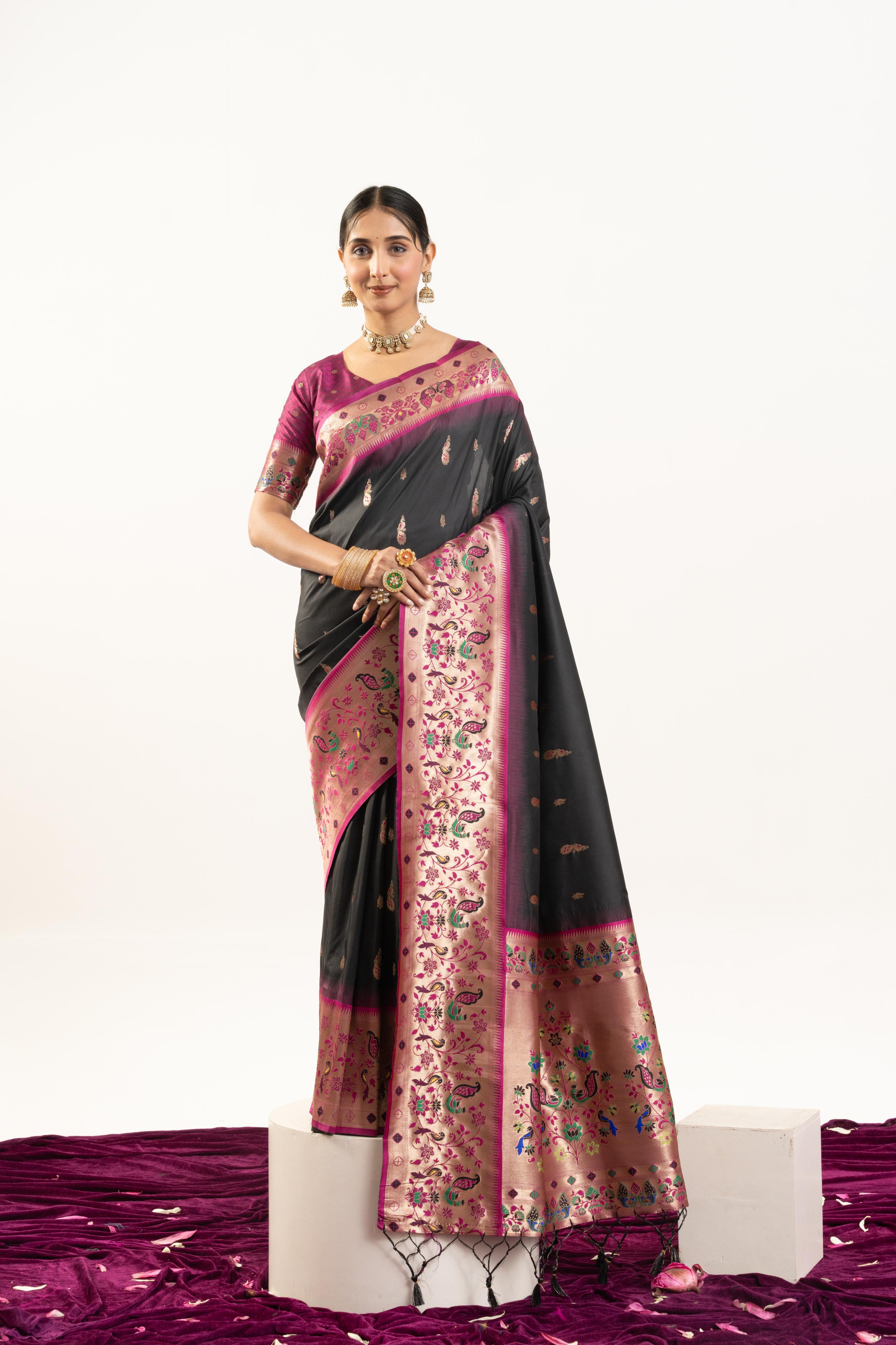 Jyoti Fashion Women's Black Soft Banarasi Silk Zari Woven Saree with Blouse
