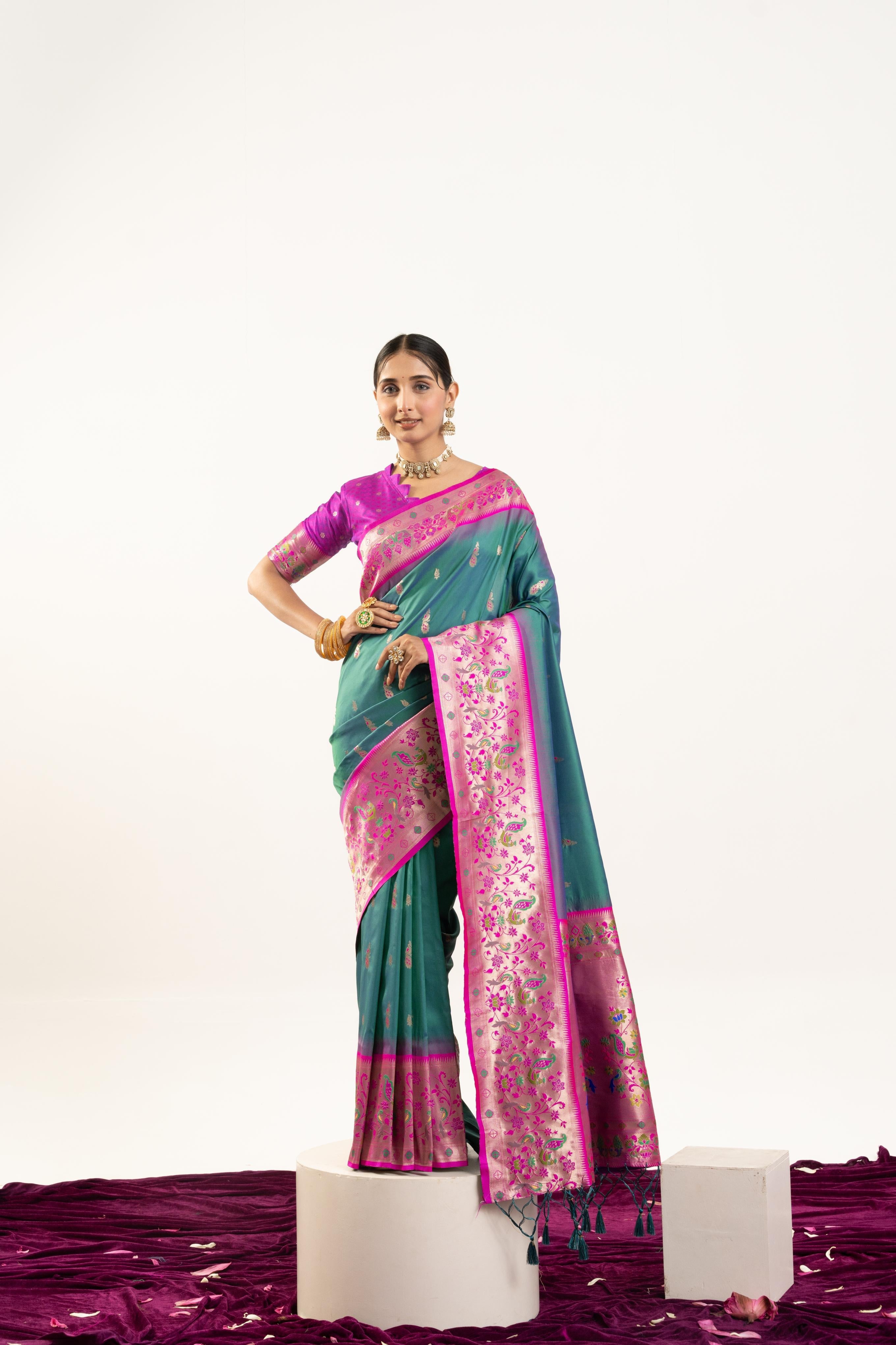 Jyoti Fashion Women's Rama Soft Banarasi Silk Zari Woven Saree with Blouse