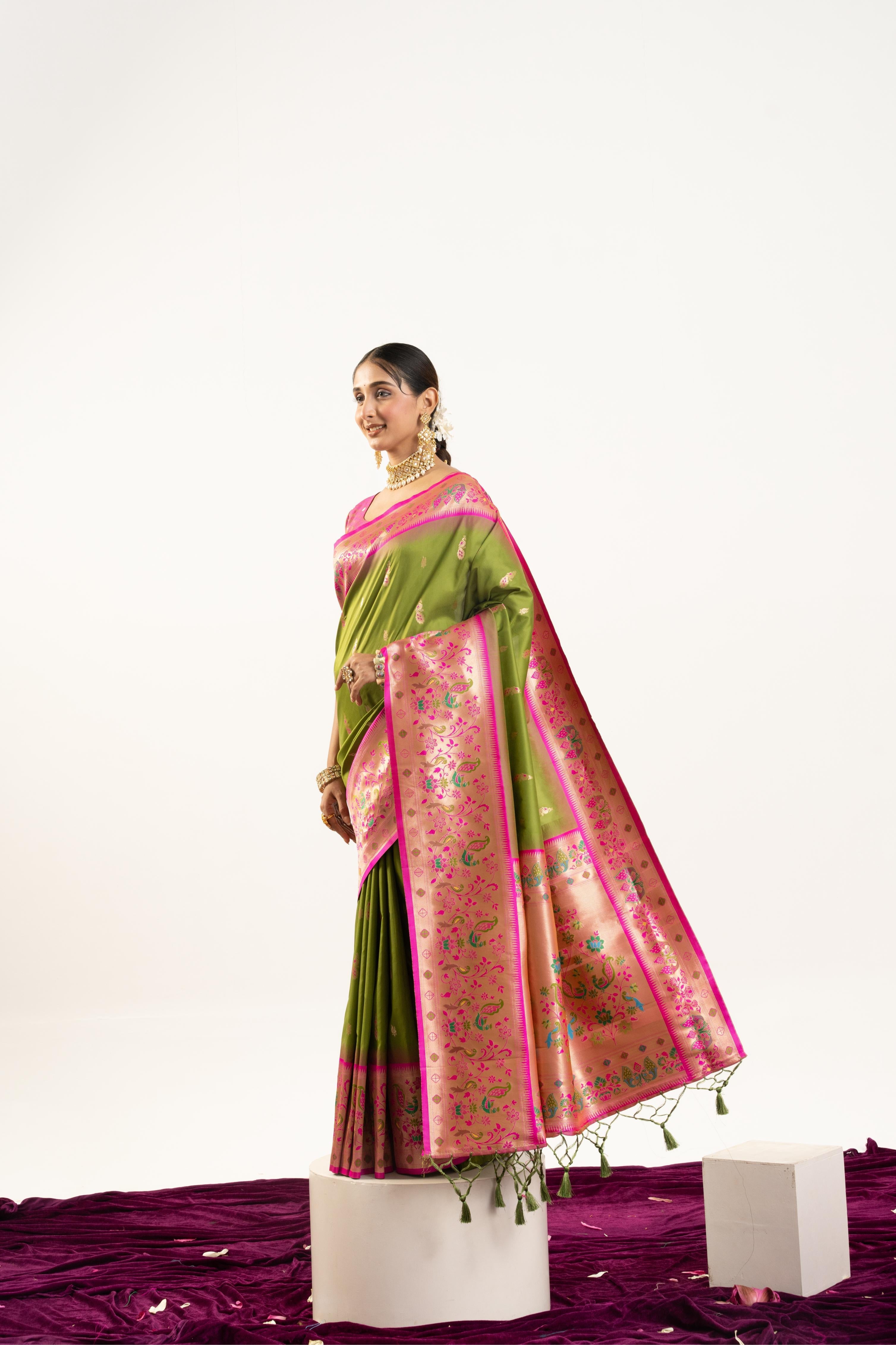 Jyoti Fashion Women's Mehendi Soft Banarasi Silk Zari Woven Saree with Blouse