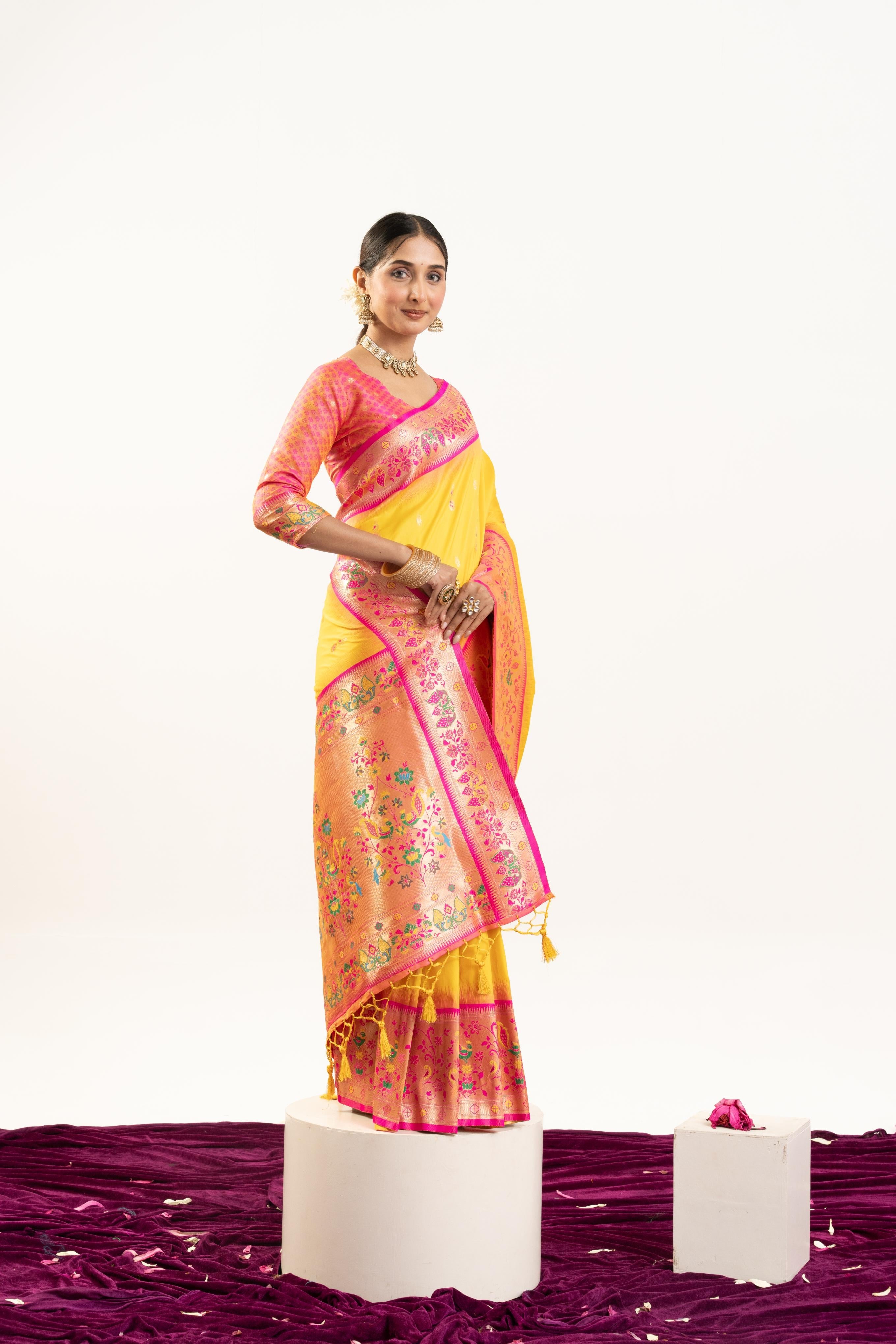 Jyoti Fashion Women's Yellow Soft Banarasi Silk Zari Woven Saree with Blouse