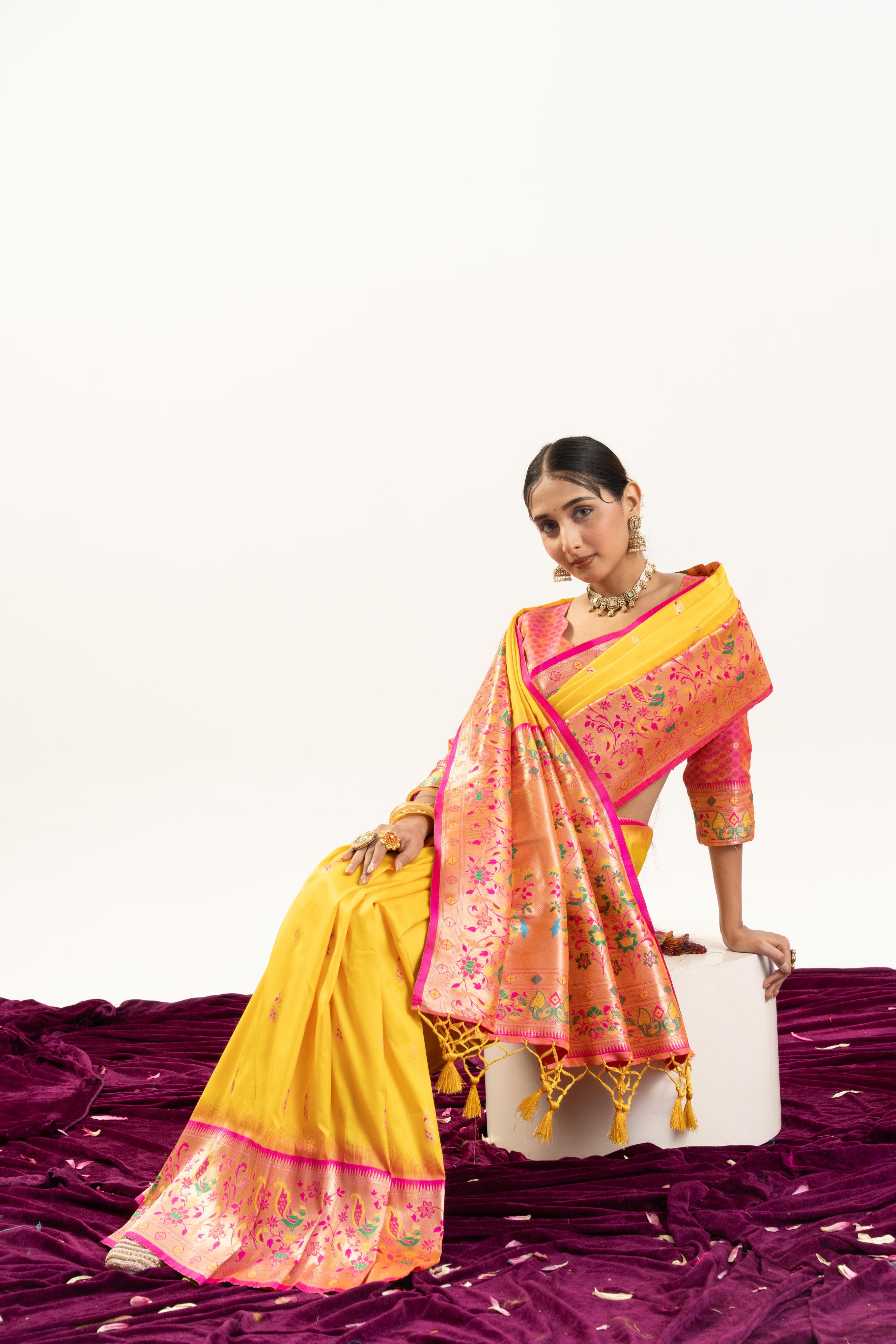 Jyoti Fashion Women's Yellow Soft Banarasi Silk Zari Woven Saree with Blouse