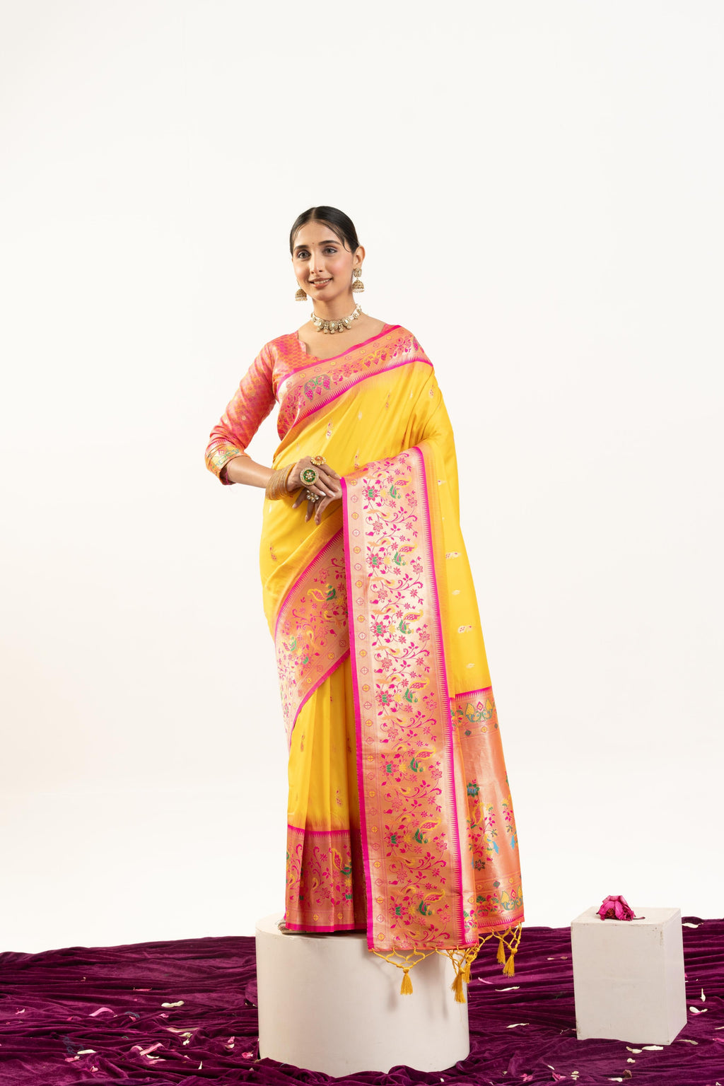 Jyoti Fashion Women's Yellow Soft Banarasi Silk Zari Woven Saree with Blouse