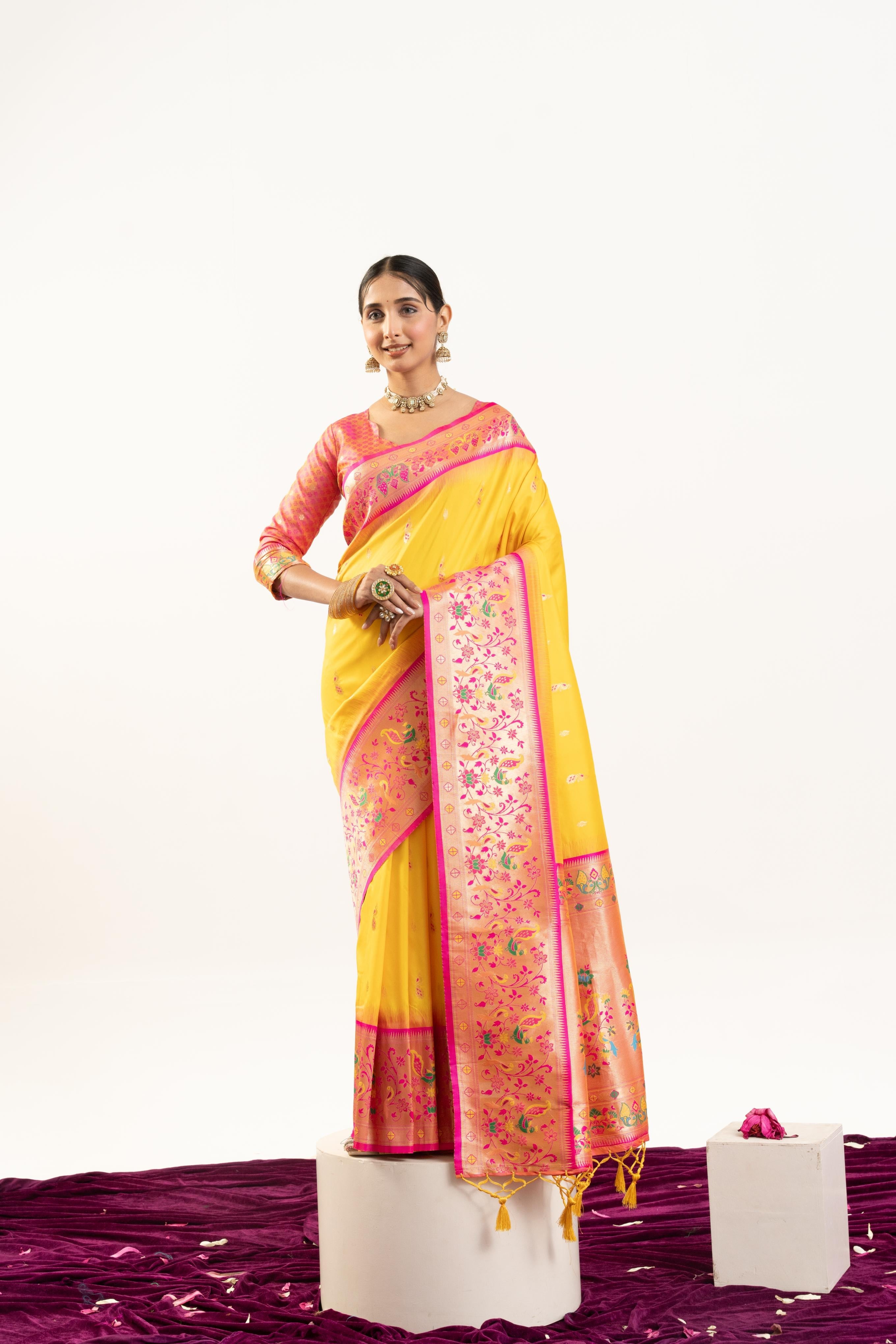 Jyoti Fashion Women's Yellow Soft Banarasi Silk Zari Woven Saree with Blouse