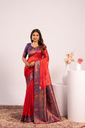 Jyoti Fashion Women's Red Soft Tissue Silk Zari Woven Saree with Blouse