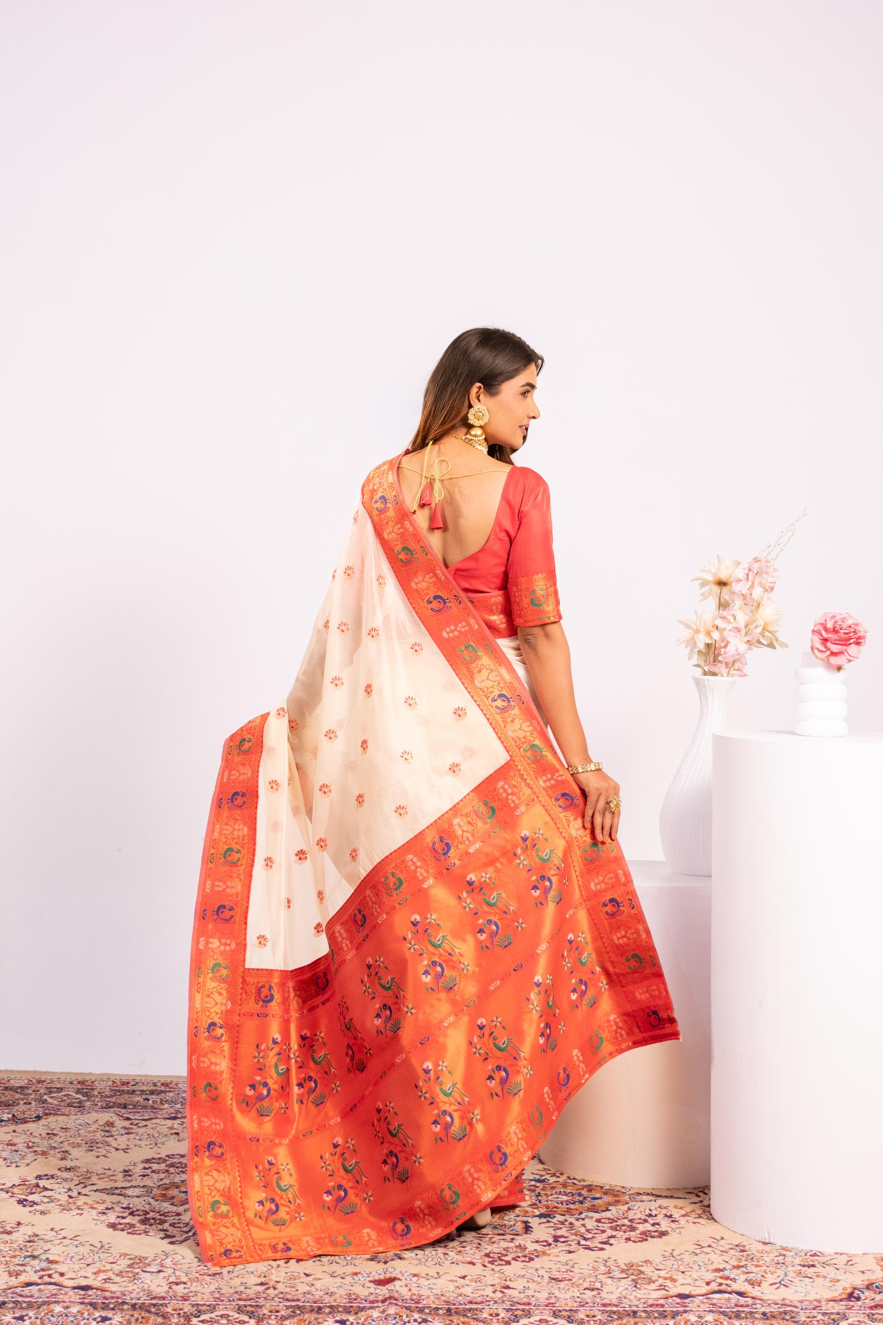 Jyoti Fashion Women's White Soft Tissue Silk Zari Woven Saree with Blouse