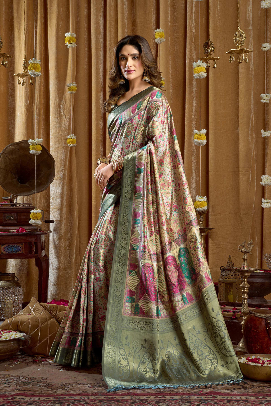 Jyoti Fashion Women's Sea Green Banarasi Digital Cluster Print Saree with Blouse
