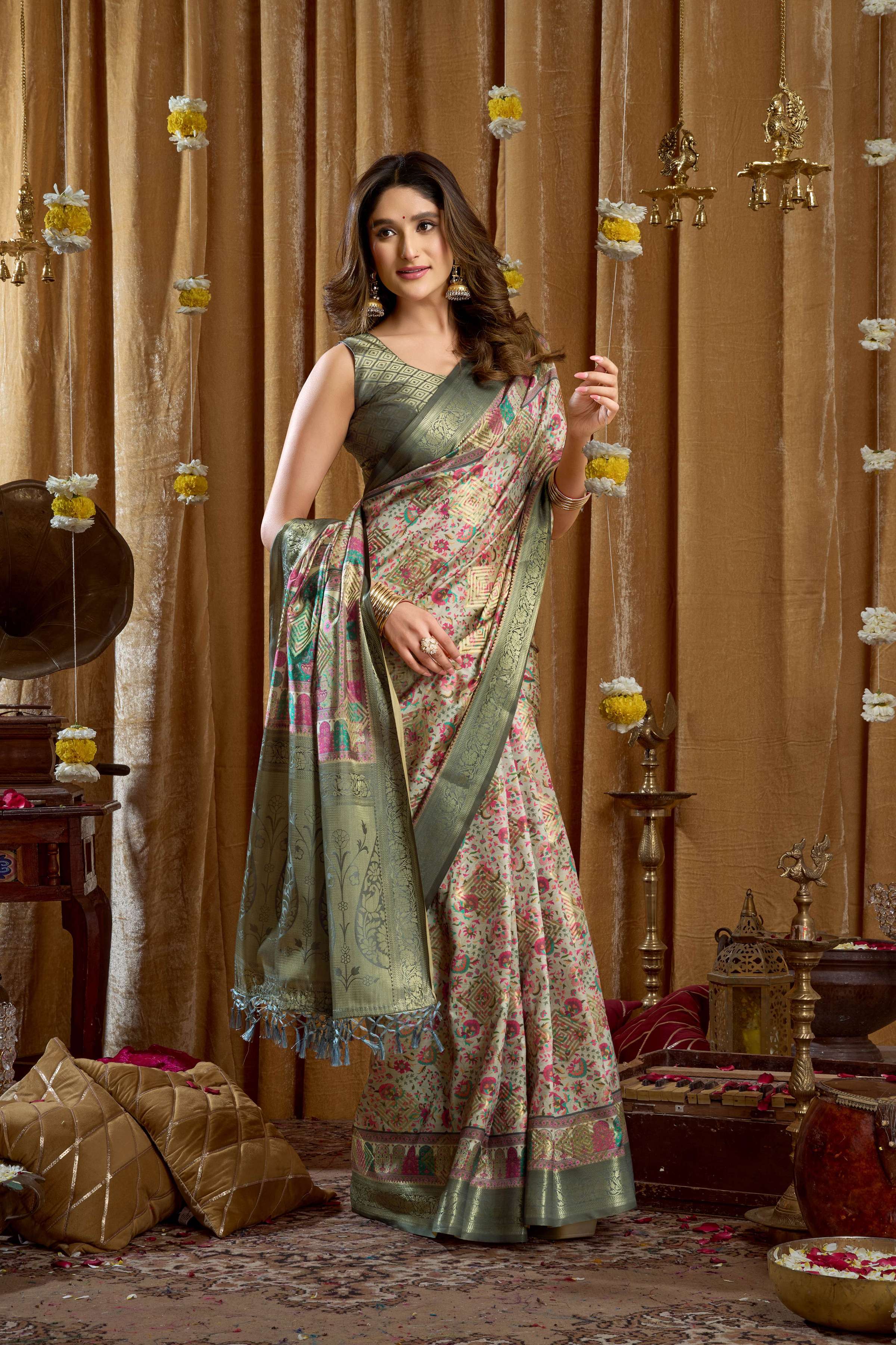 Jyoti Fashion Women's Sea Green Banarasi Digital Cluster Print Saree with Blouse