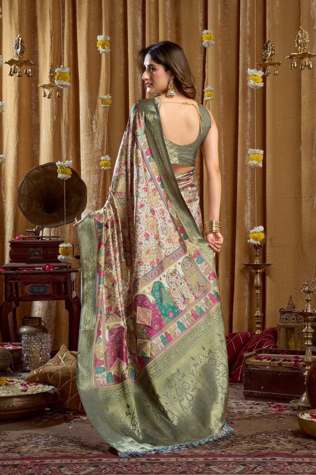 Jyoti Fashion Women's Sea Green Banarasi Digital Cluster Print Saree with Blouse