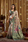 Jyoti Fashion Women's Sea Green Banarasi Digital Cluster Print Saree with Blouse