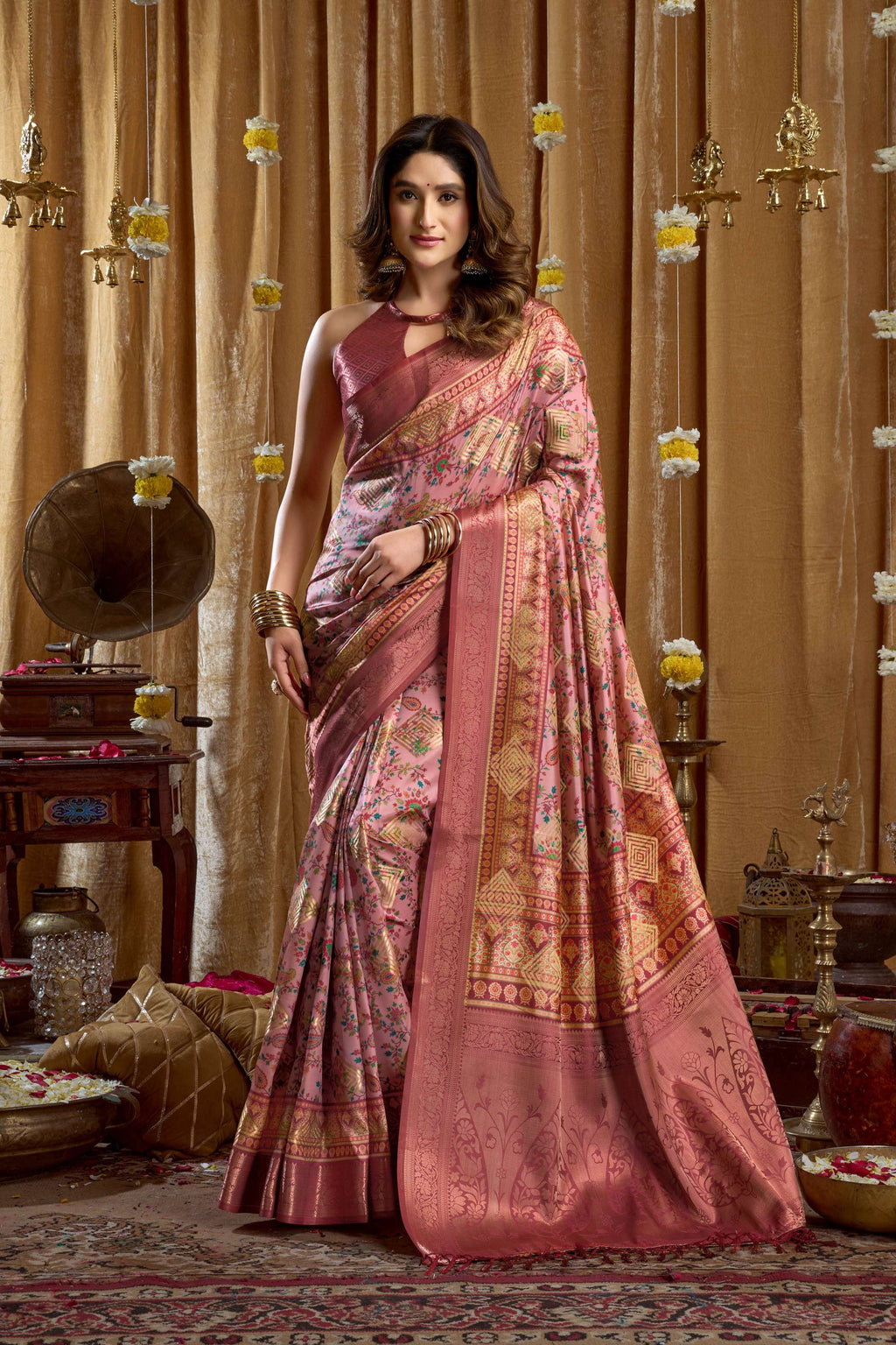Jyoti Fashion Women's Pink Banarasi Digital Cluster Print Saree with Blouse