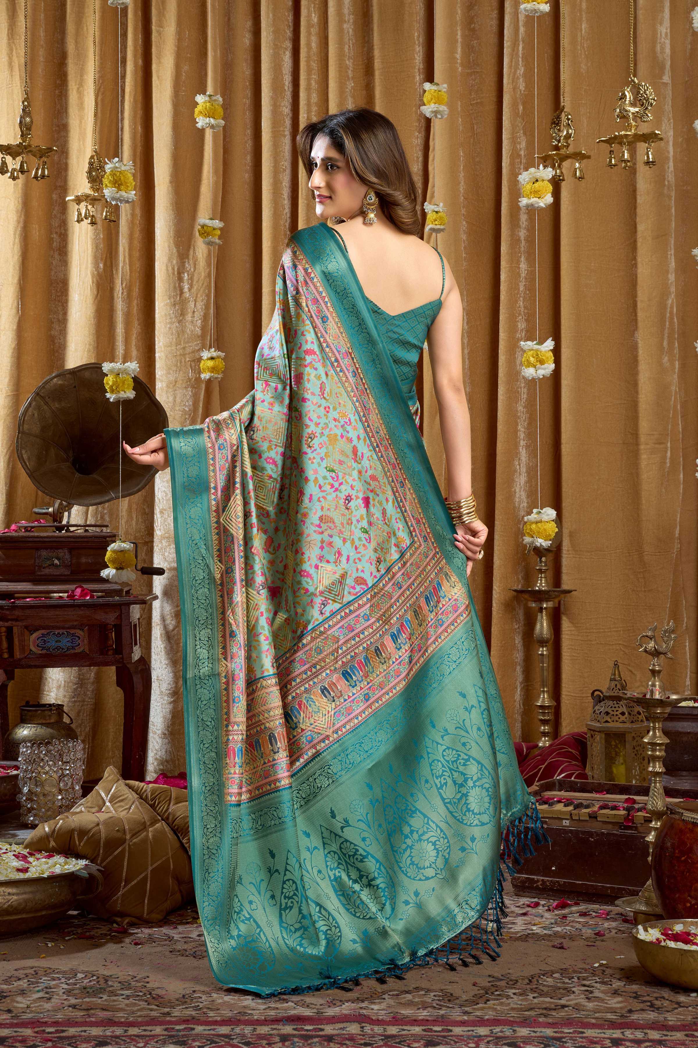 Jyoti Fashion Women's Turquoise Banarasi Digital Cluster Print Saree with Blouse