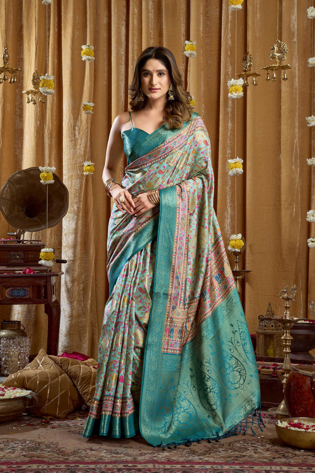 Jyoti Fashion Women's Turquoise Banarasi Digital Cluster Print Saree with Blouse