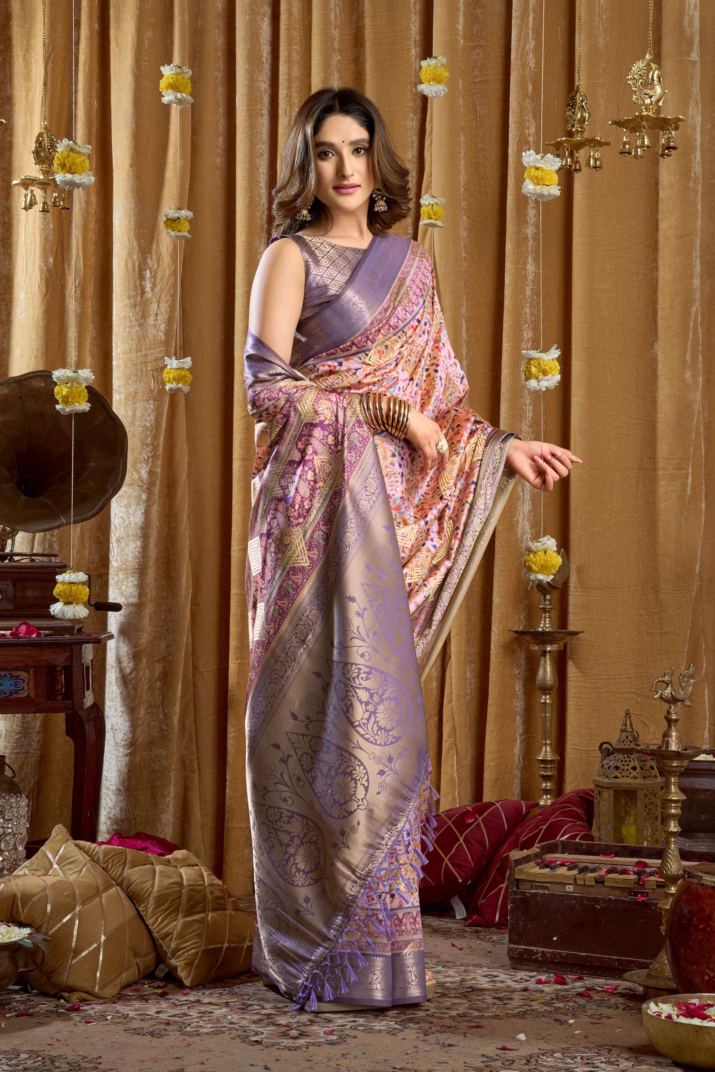 Jyoti Fashion Women's Purple Banarasi Digital Cluster Print Saree with Blouse