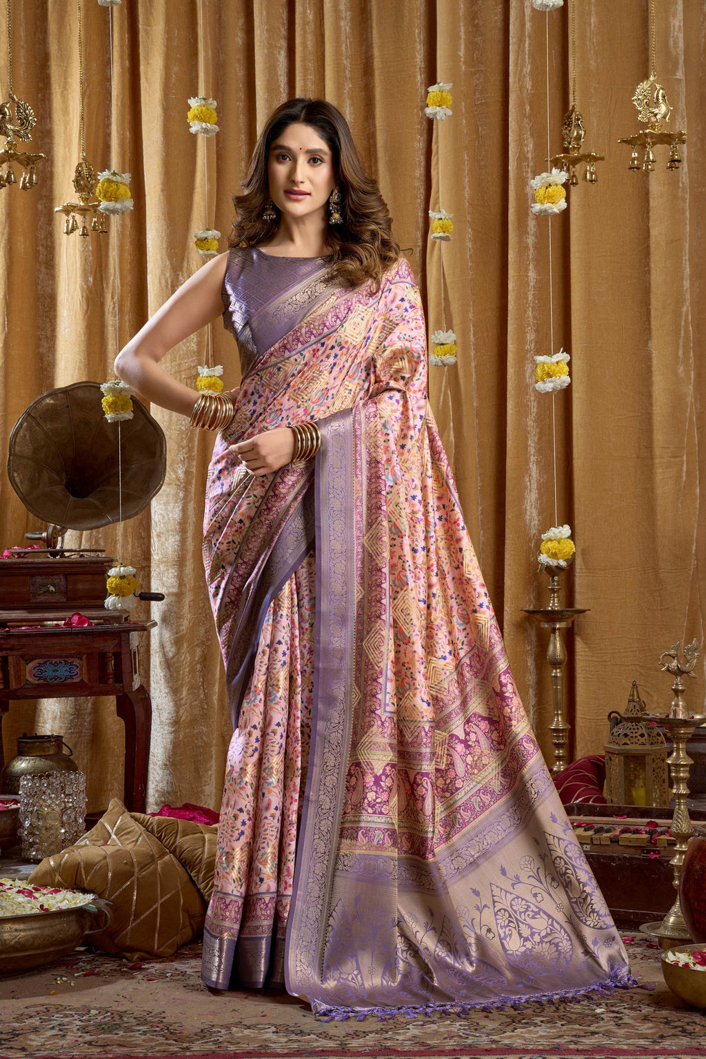 Jyoti Fashion Women's Purple Banarasi Digital Cluster Print Saree with Blouse