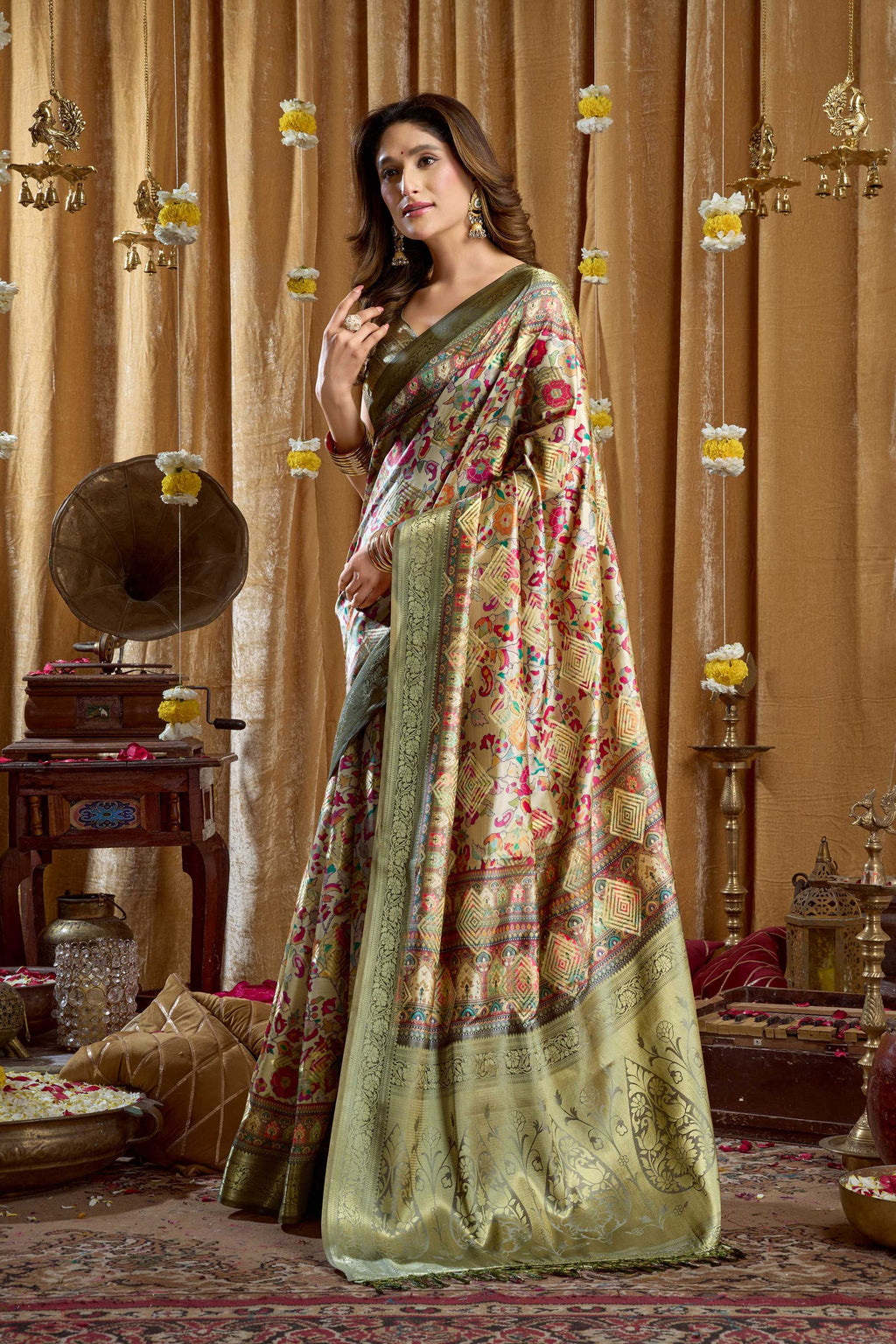 Jyoti Fashion Women's Green Banarasi Digital Cluster Print Saree with Blouse