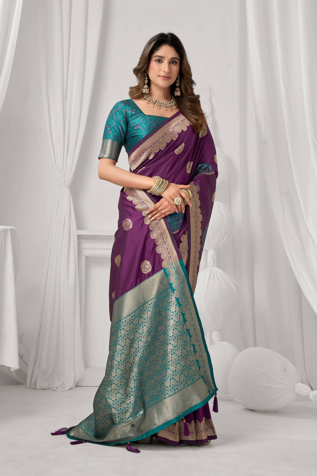 Jyoti Fashion Women's Wine Soft Silk Zari Woven Saree with Blouse