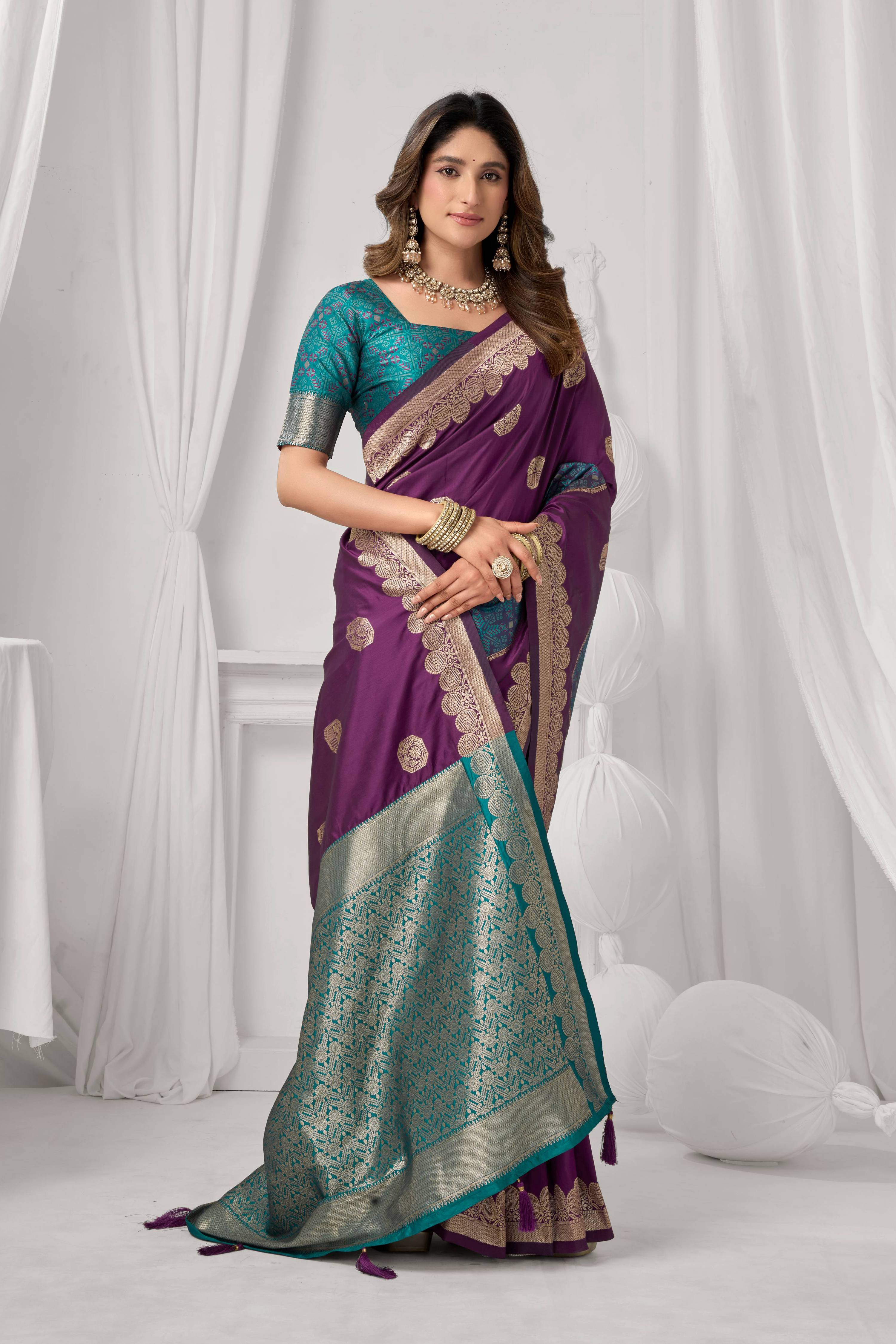 Jyoti Fashion Women's Wine Soft Silk Zari Woven Saree with Blouse