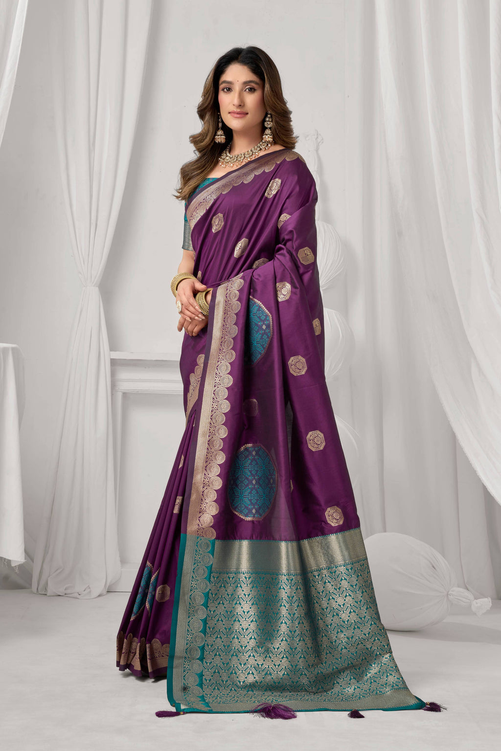 Jyoti Fashion Women's Wine Soft Silk Zari Woven Saree with Blouse
