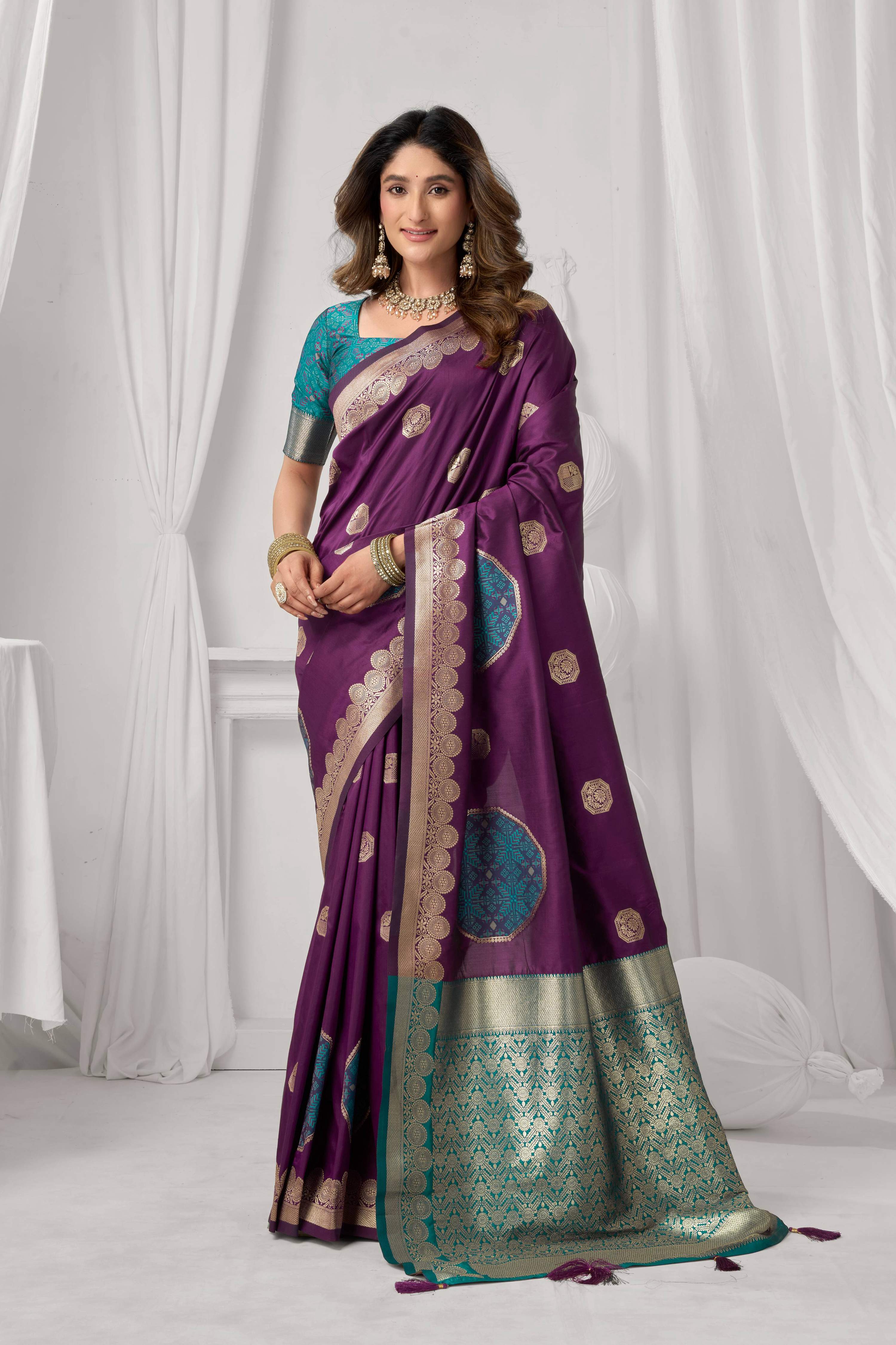Jyoti Fashion Women's Wine Soft Silk Zari Woven Saree with Blouse
