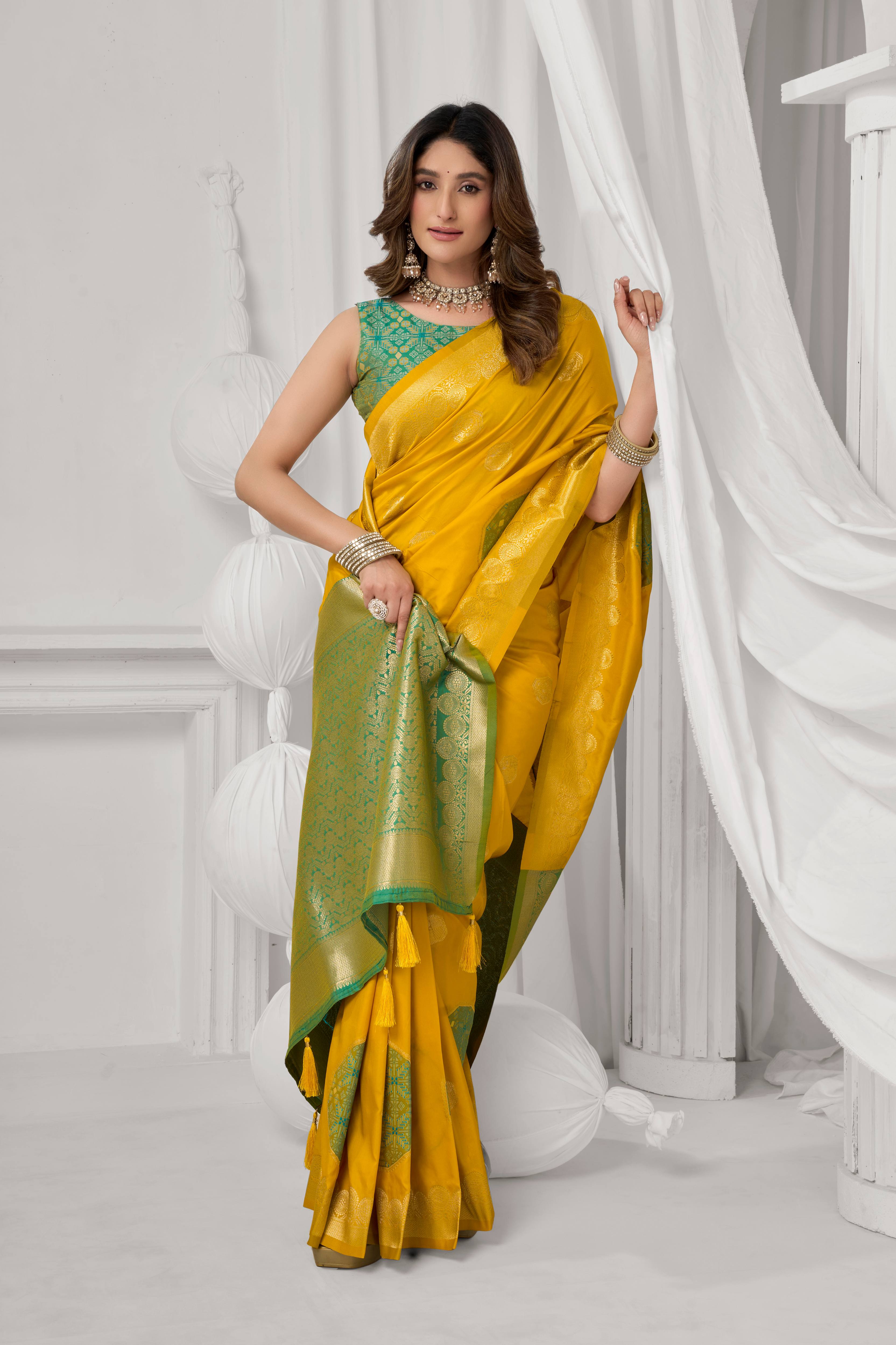 Jyoti Fashion Women's Yellow Soft Silk Zari Woven Saree with Blouse