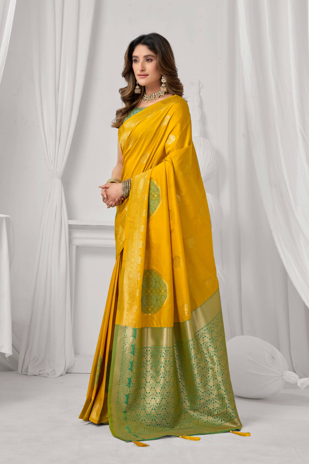 Jyoti Fashion Women's Yellow Soft Silk Zari Woven Saree with Blouse
