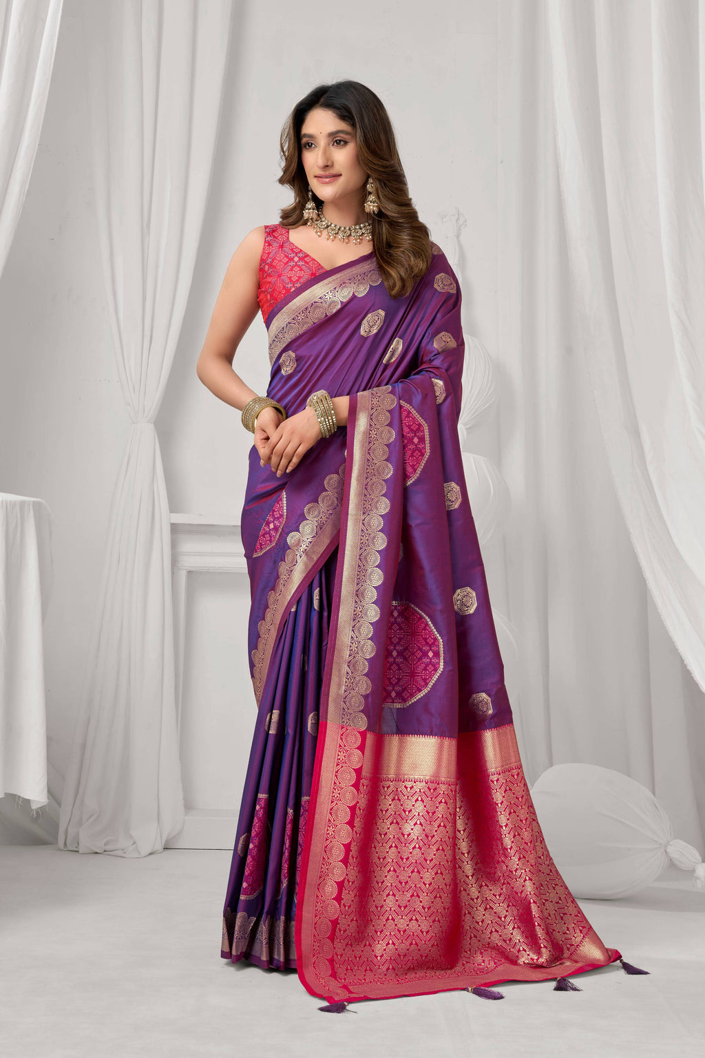 Jyoti Fashion Women's Purple Soft Silk Zari Woven Saree with Blouse