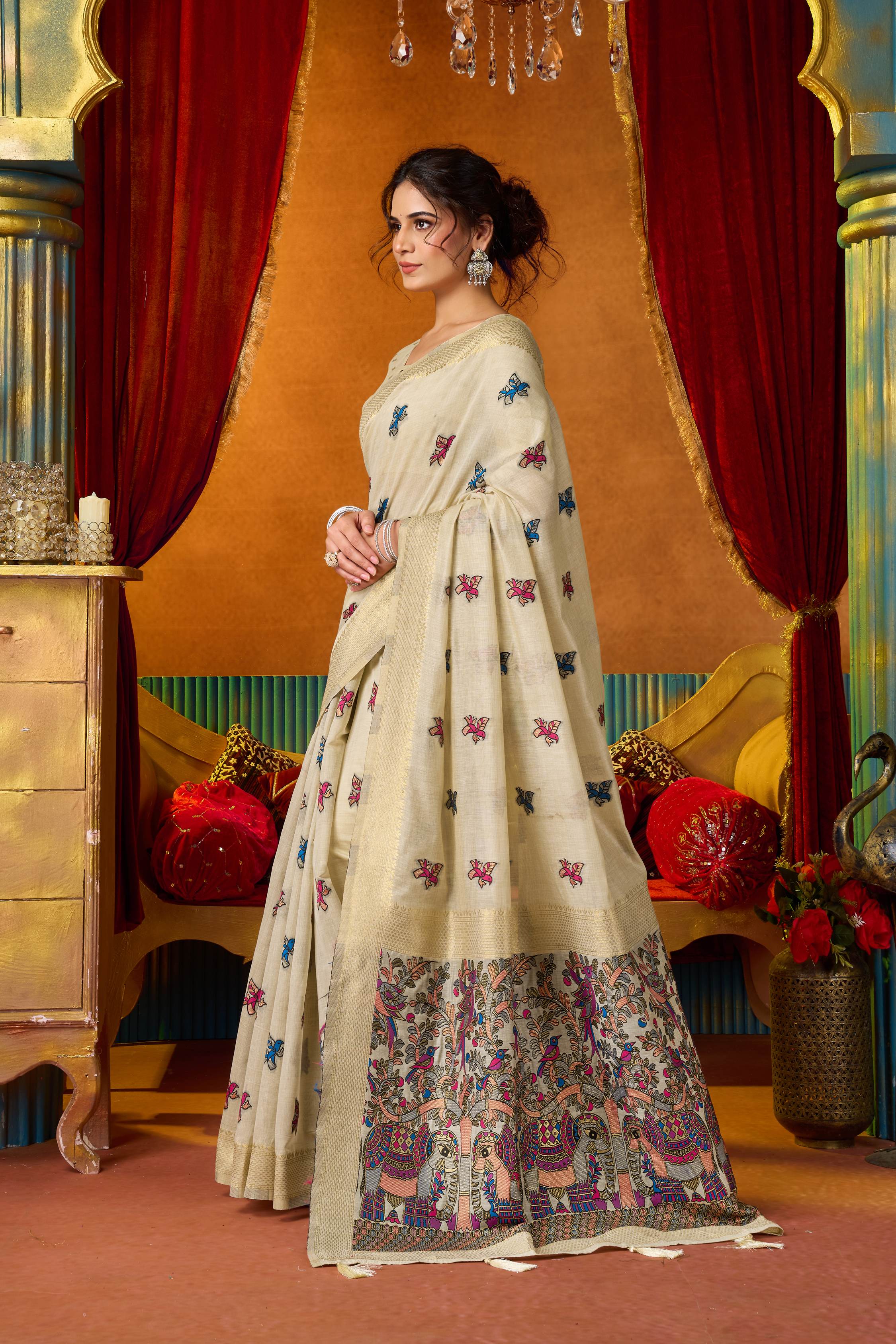 Jyoti Fashion Women's Cream Modal Zari Woven Saree with Blouse