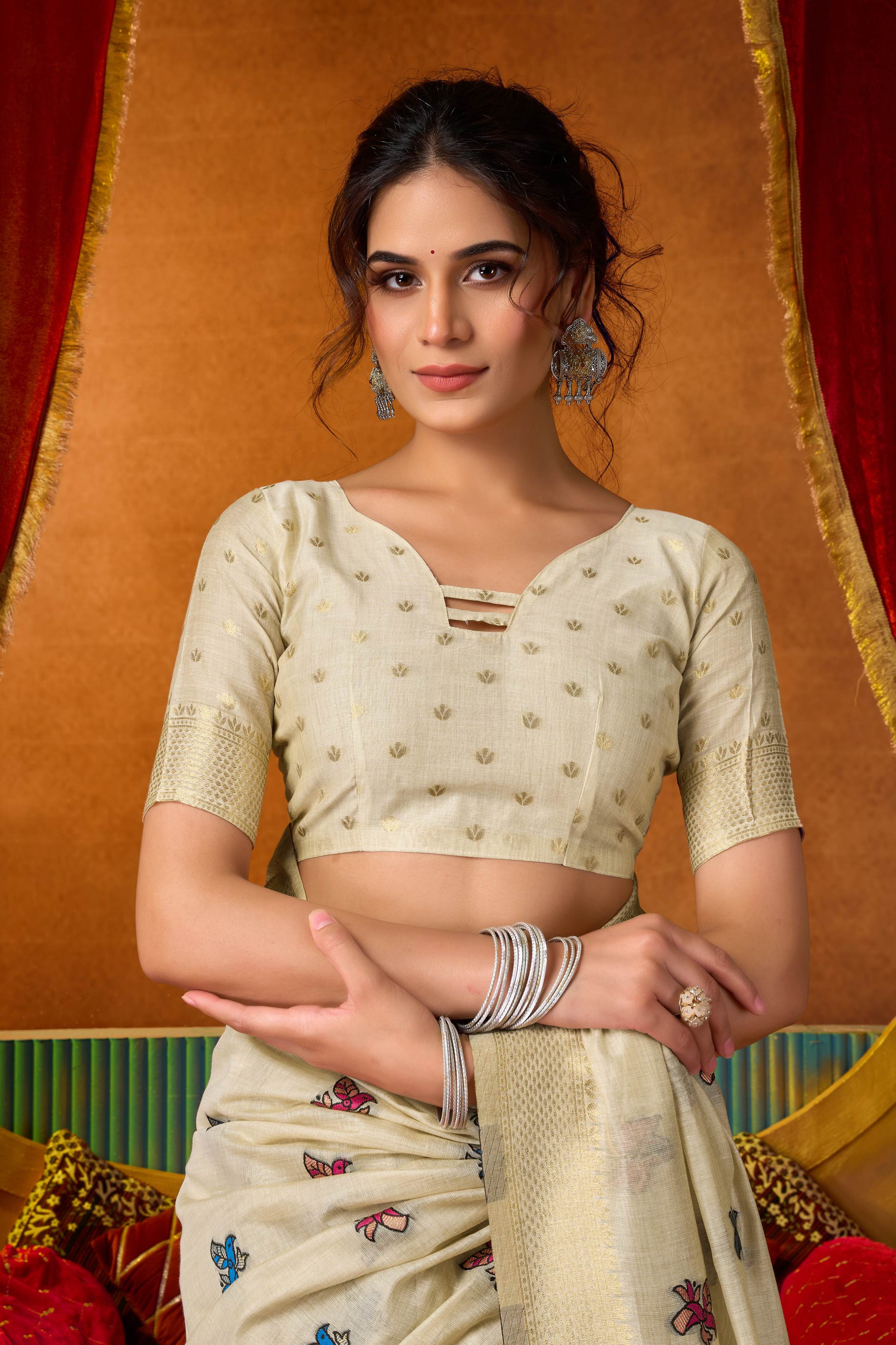 Jyoti Fashion Women's Cream Modal Zari Woven Saree with Blouse