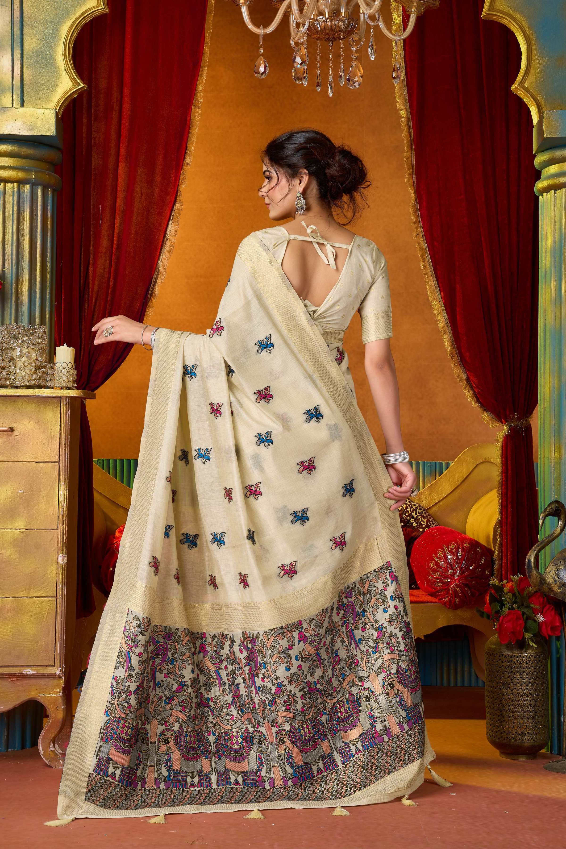Jyoti Fashion Women's Cream Modal Zari Woven Saree with Blouse