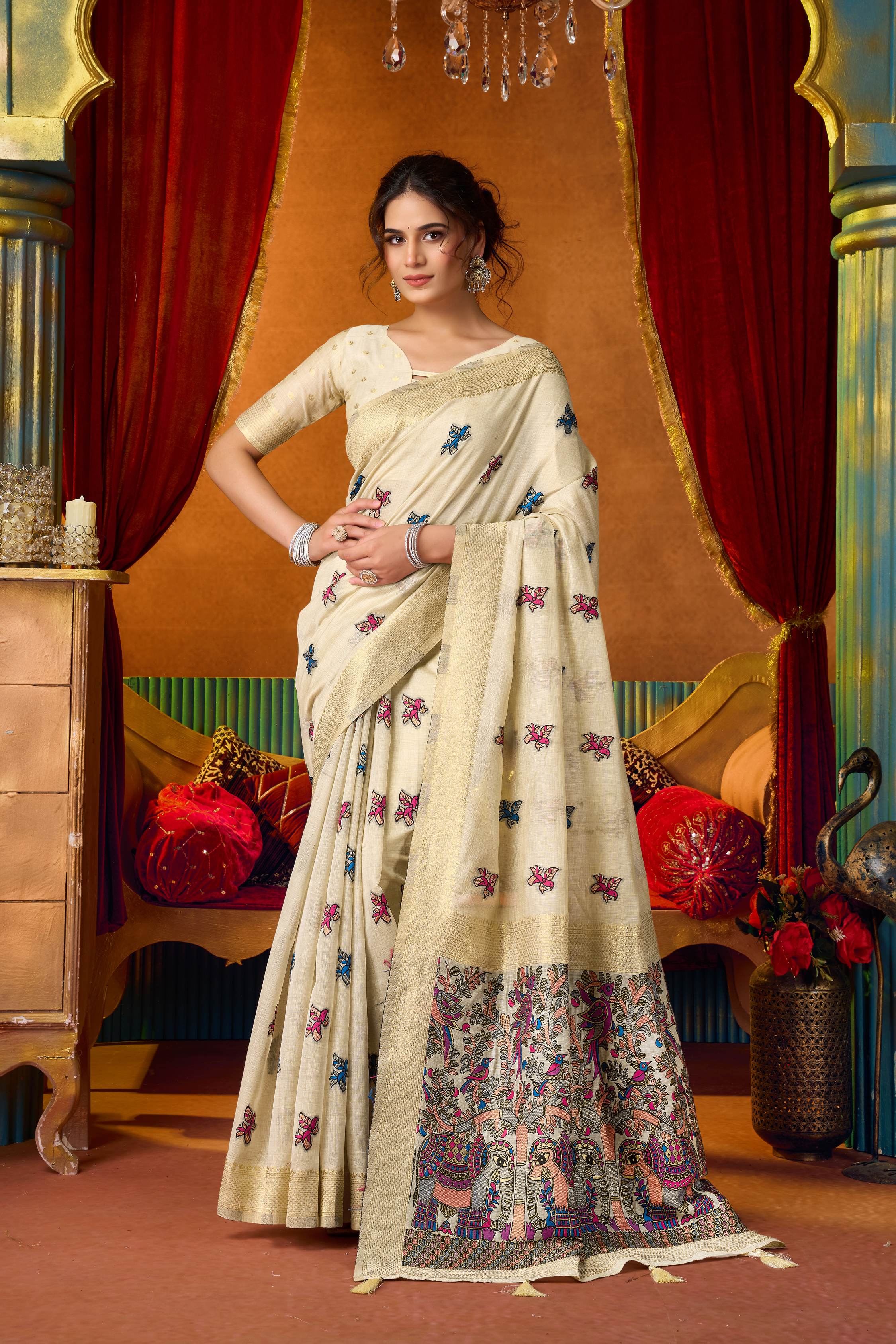 Jyoti Fashion Women's Cream Modal Zari Woven Saree with Blouse