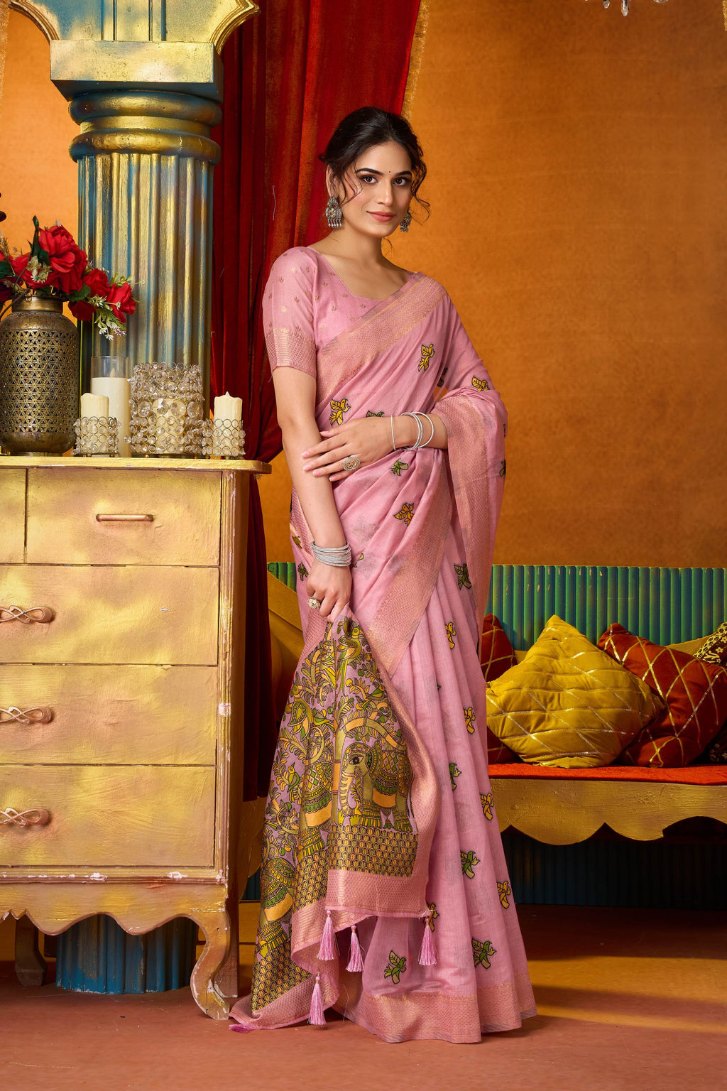 Jyoti Fashion Women's Pink Modal Zari Woven Saree with Blouse