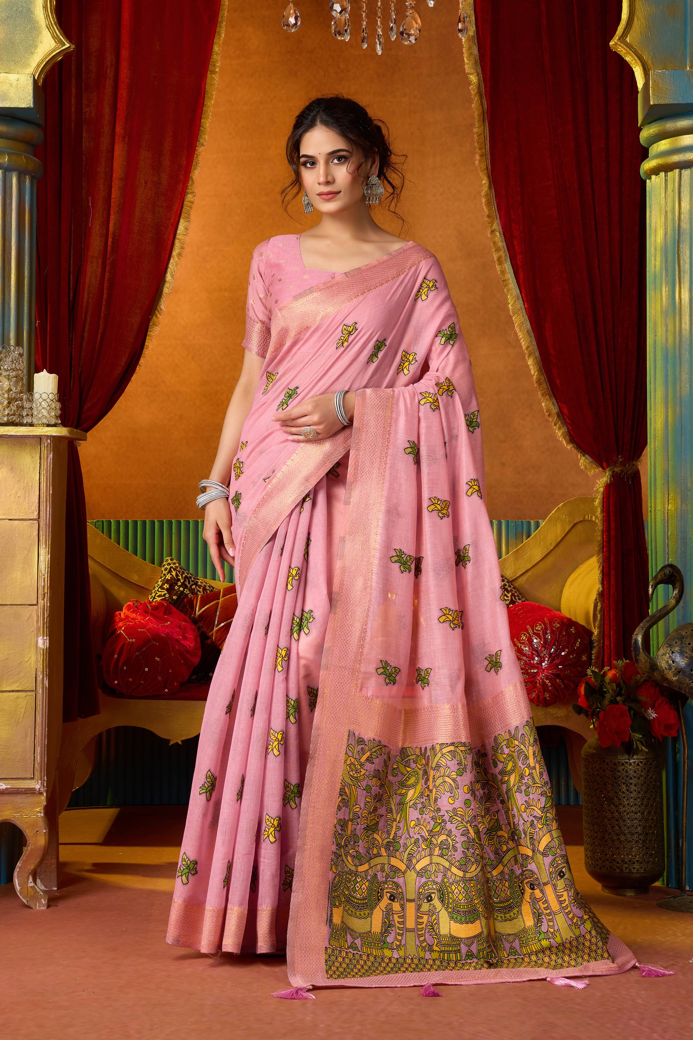 Jyoti Fashion Women's Pink Modal Zari Woven Saree with Blouse