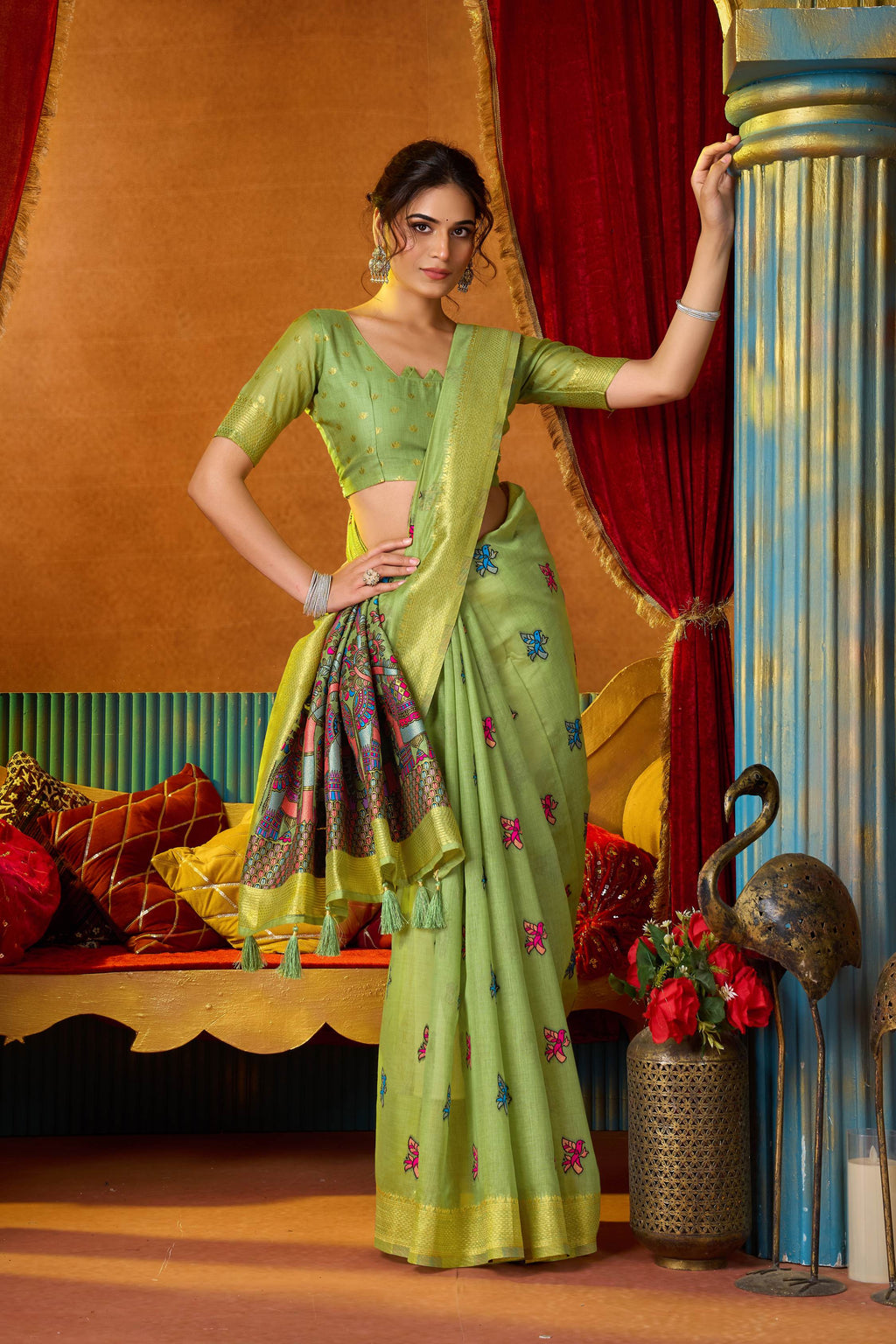 Jyoti Fashion Women's Green Modal Zari Woven Saree with Blouse