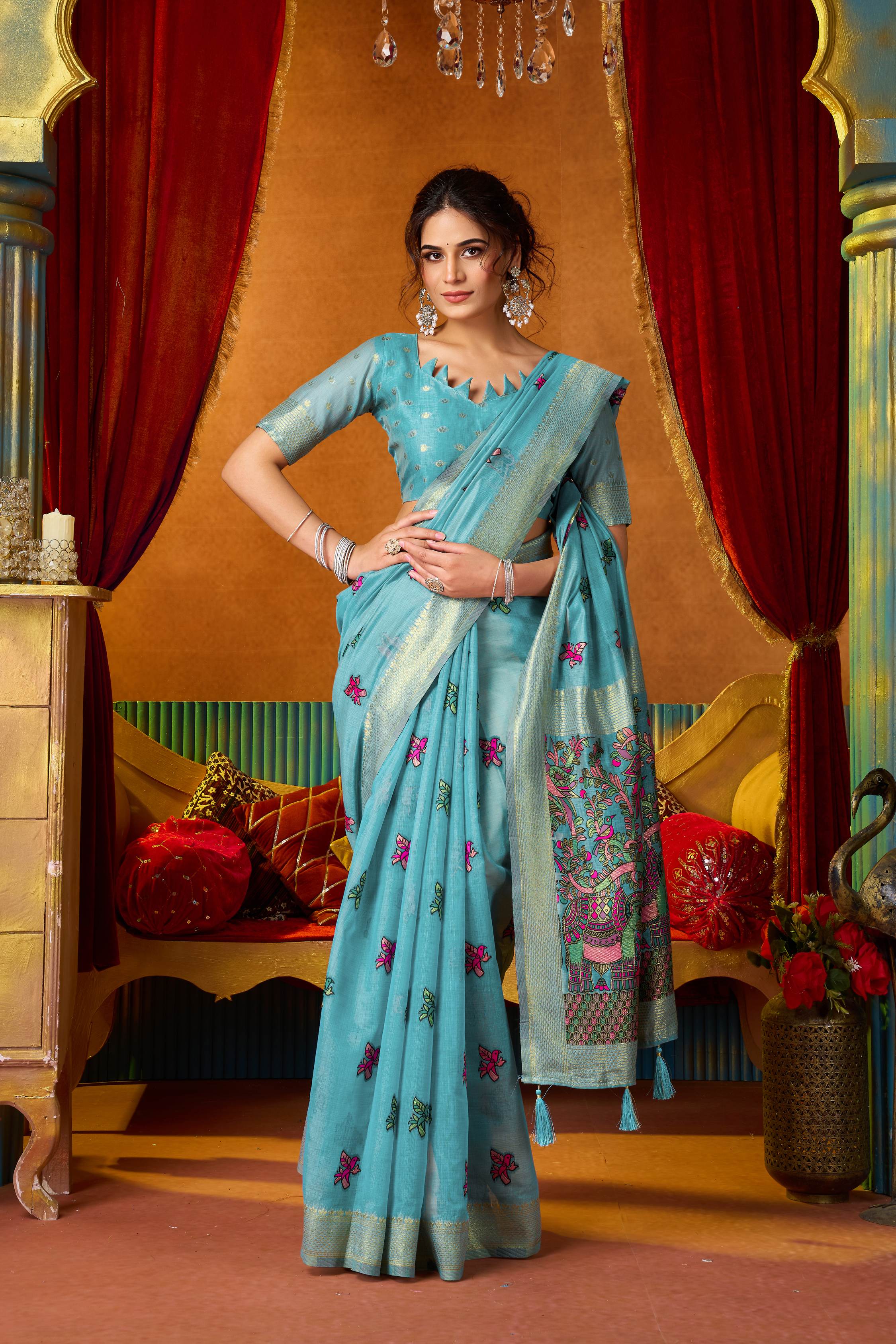 Jyoti Fashion Women's Turquoise Modal Zari Woven Saree with Blouse