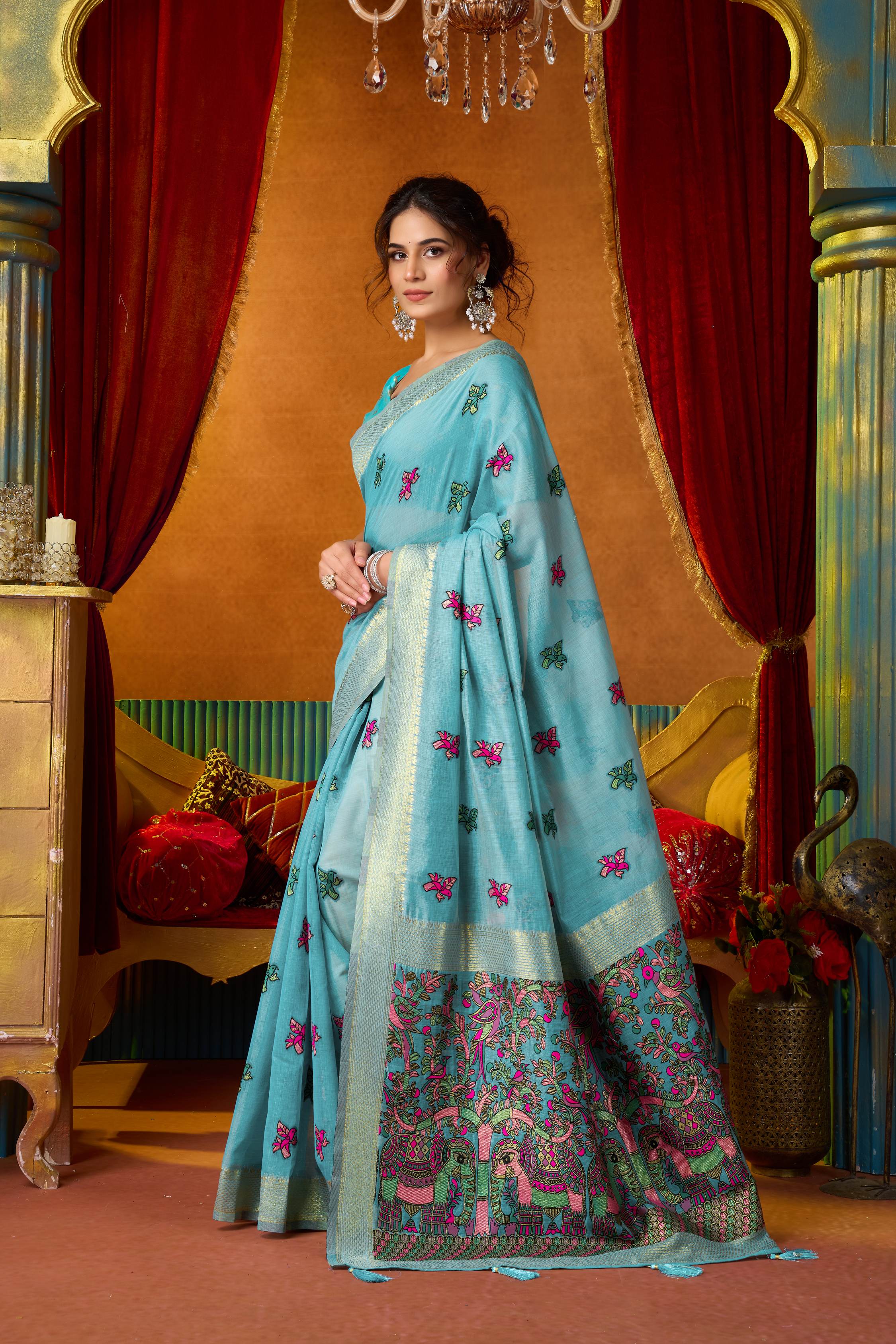 Jyoti Fashion Women's Turquoise Modal Zari Woven Saree with Blouse