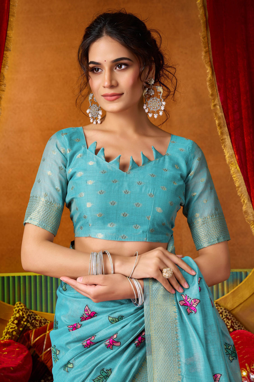 Jyoti Fashion Women's Turquoise Modal Zari Woven Saree with Blouse