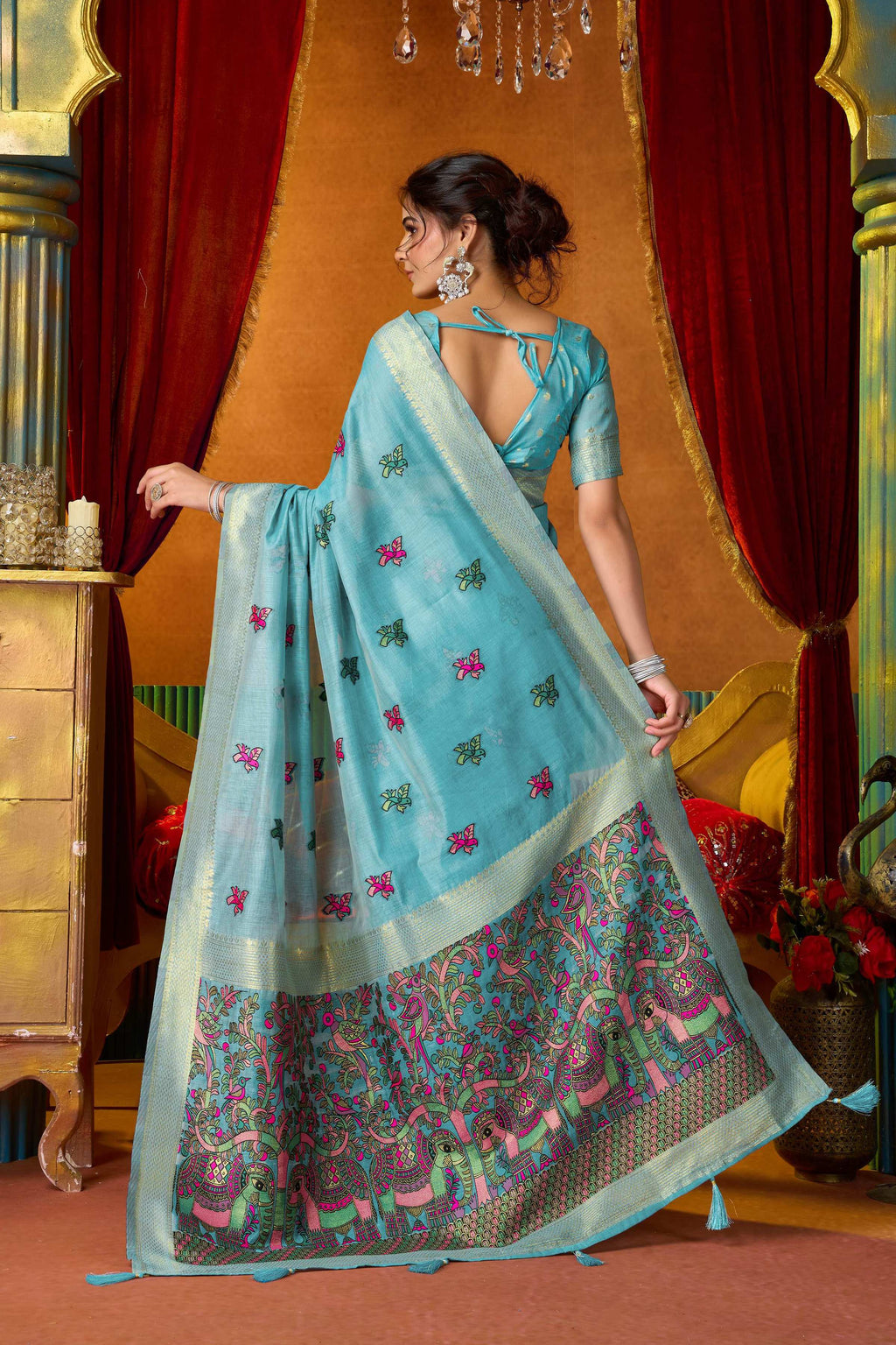 Jyoti Fashion Women's Turquoise Modal Zari Woven Saree with Blouse