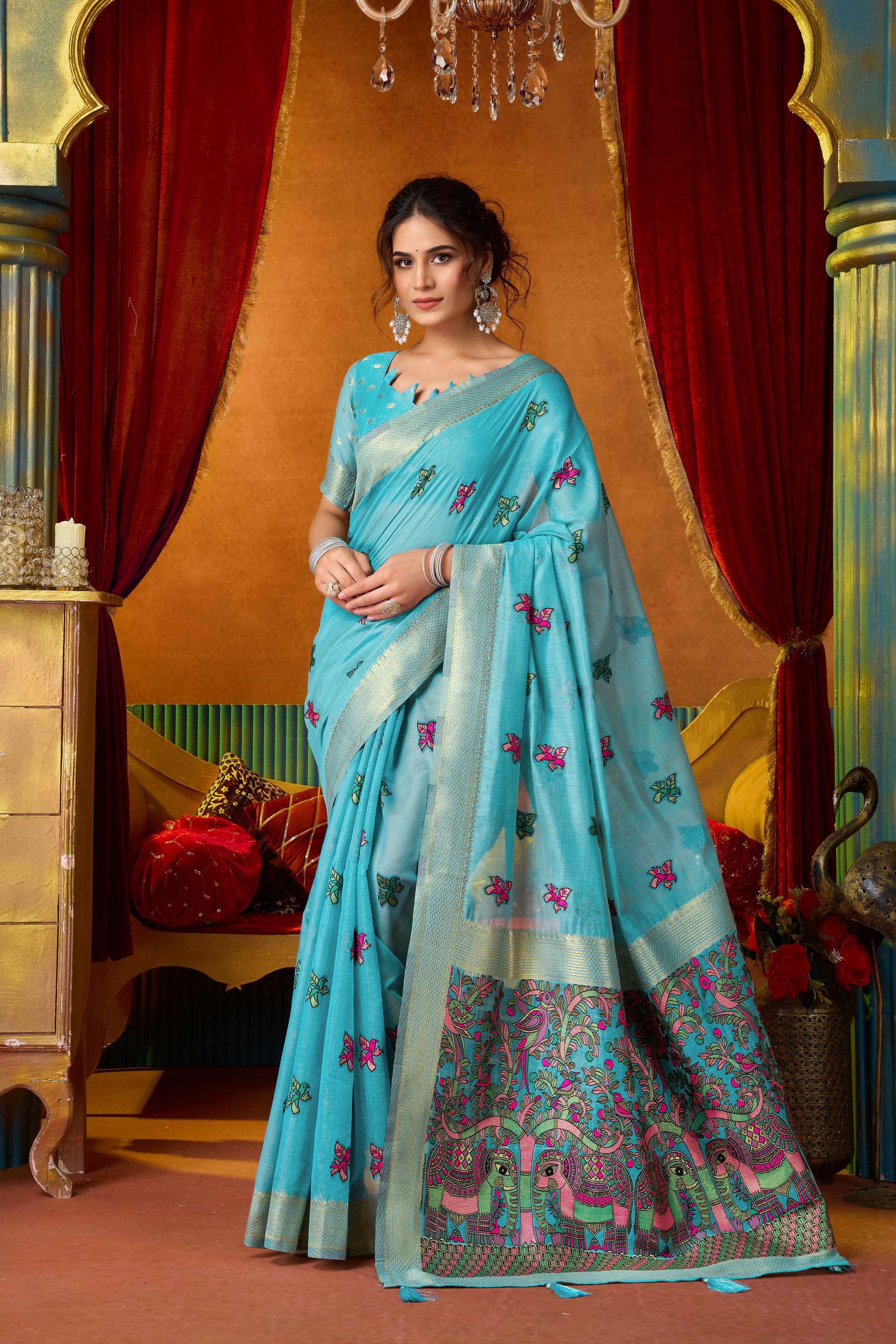 Jyoti Fashion Women's Turquoise Modal Zari Woven Saree with Blouse