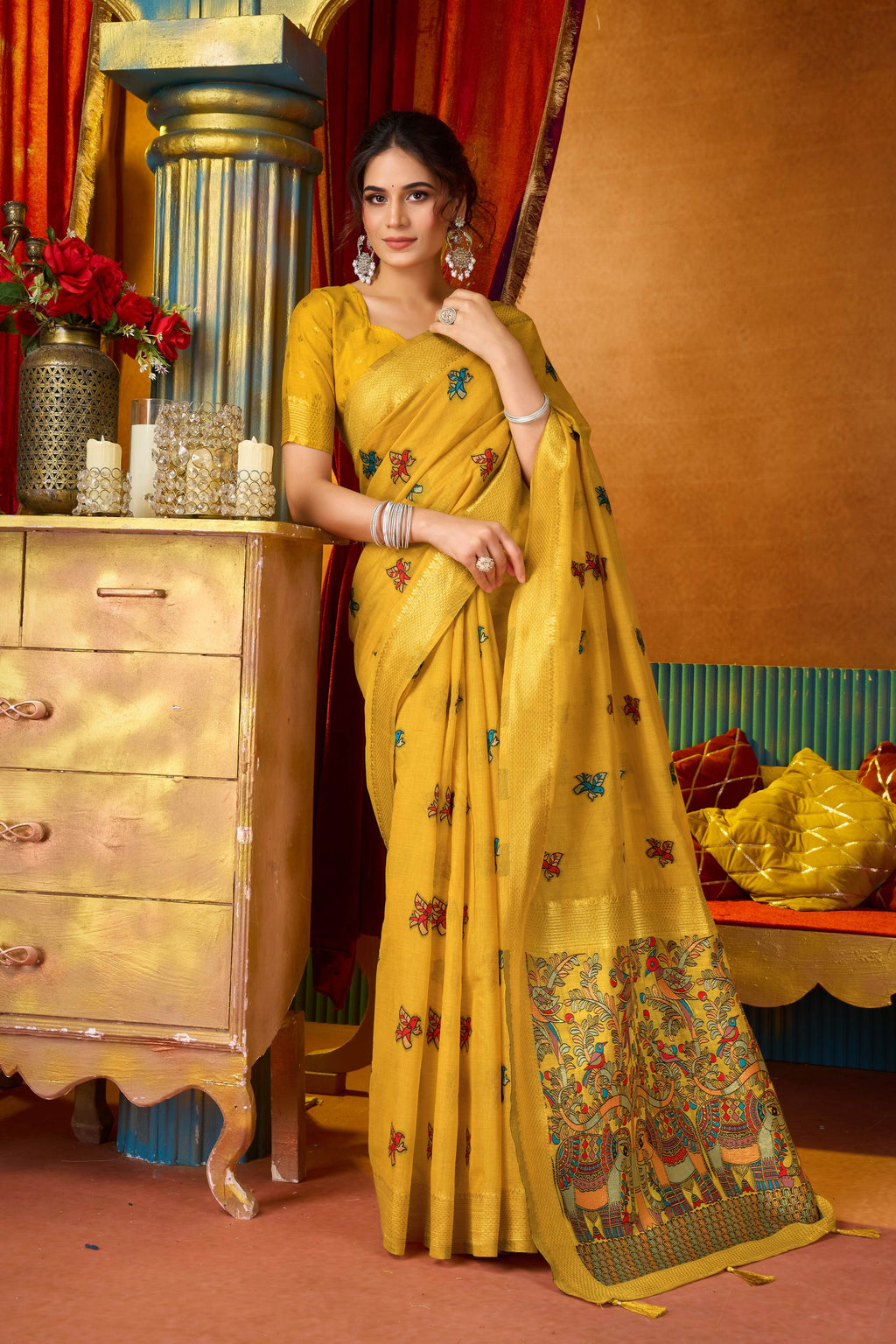 Jyoti Fashion Women's Yellow Modal Zari Woven Saree with Blouse