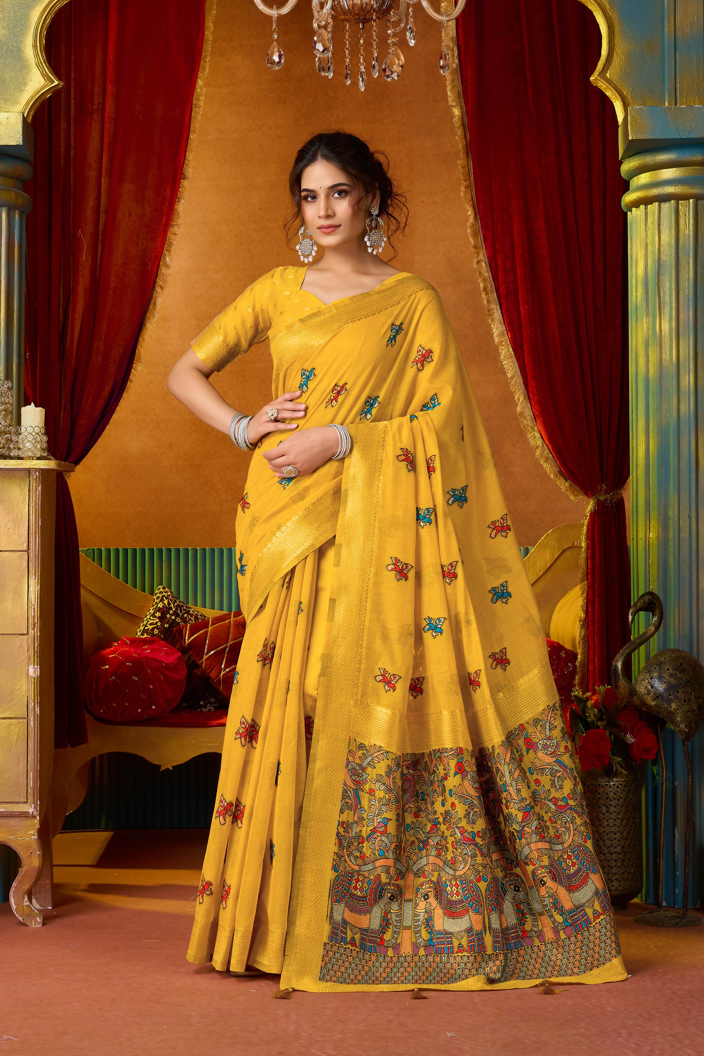Jyoti Fashion Women's Yellow Modal Zari Woven Saree with Blouse