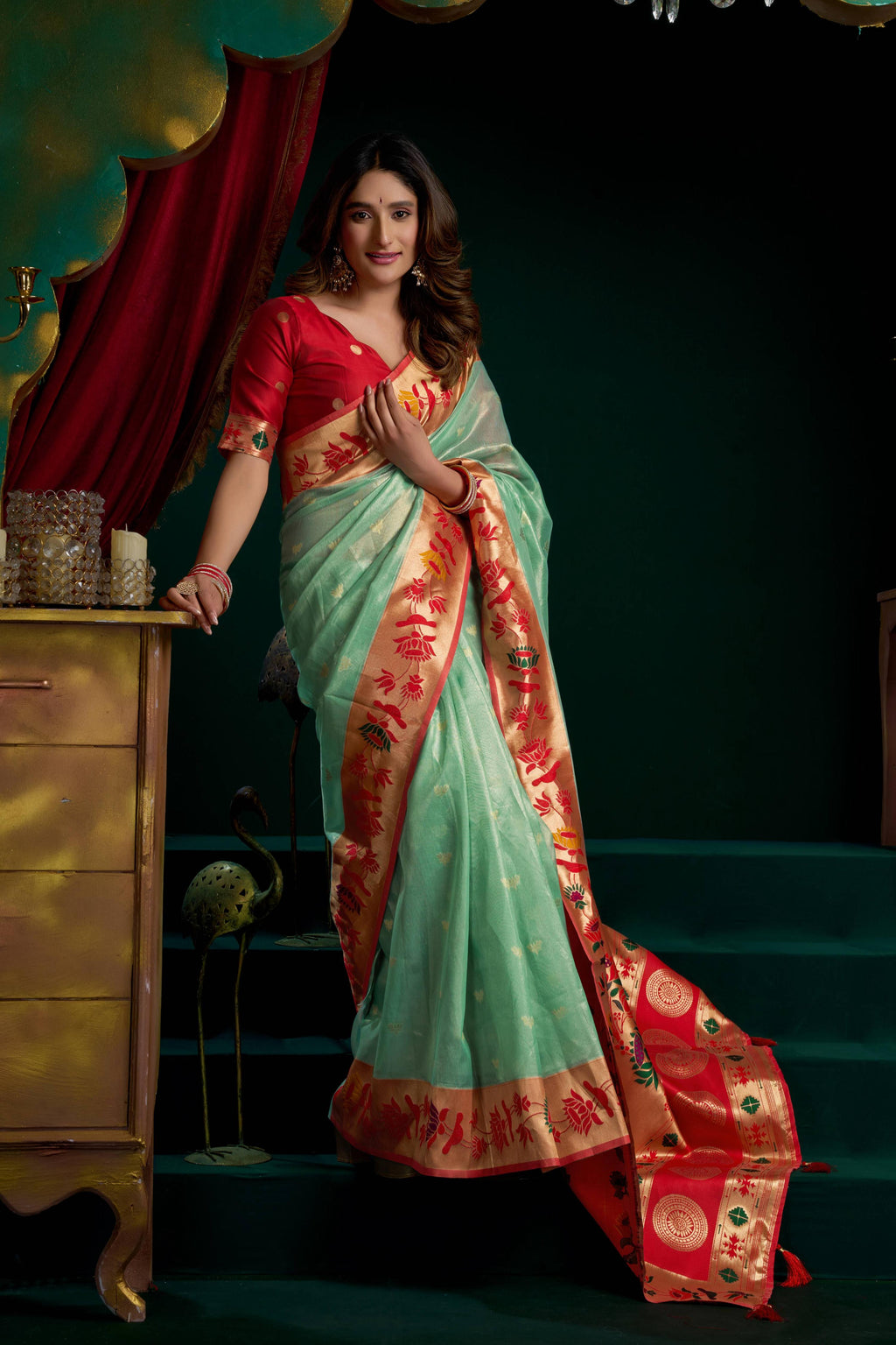 Jyoti Fashion Women's Sea Green Tissue Paithani Zari Woven Saree with Blouse
