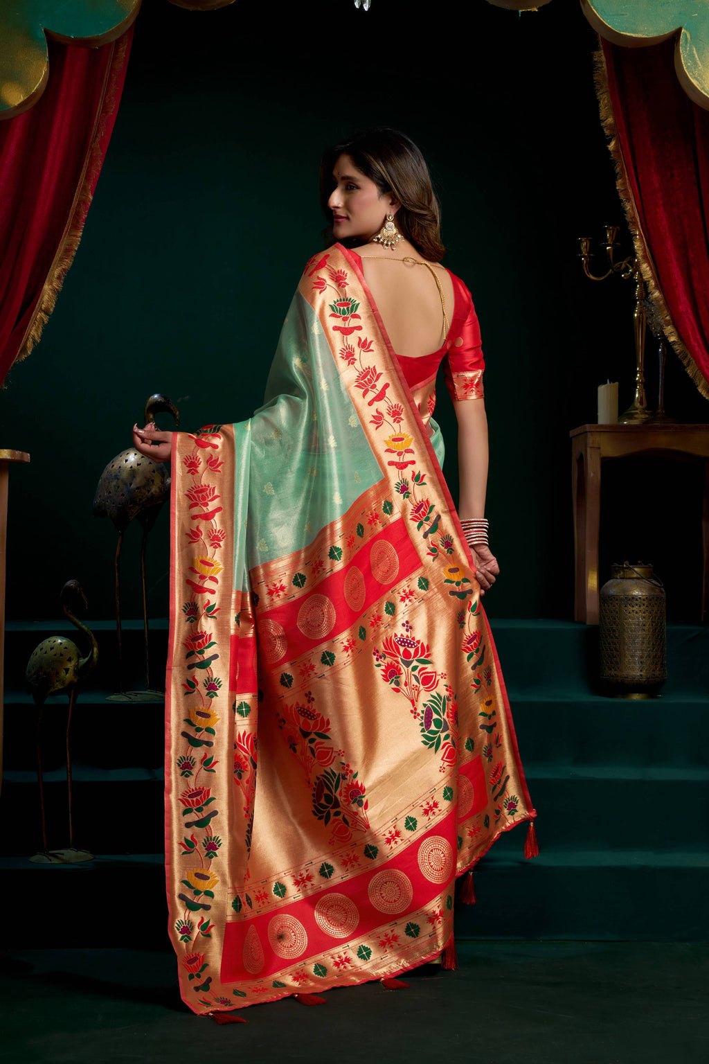 Jyoti Fashion Women's Sea Green Tissue Paithani Zari Woven Saree with Blouse