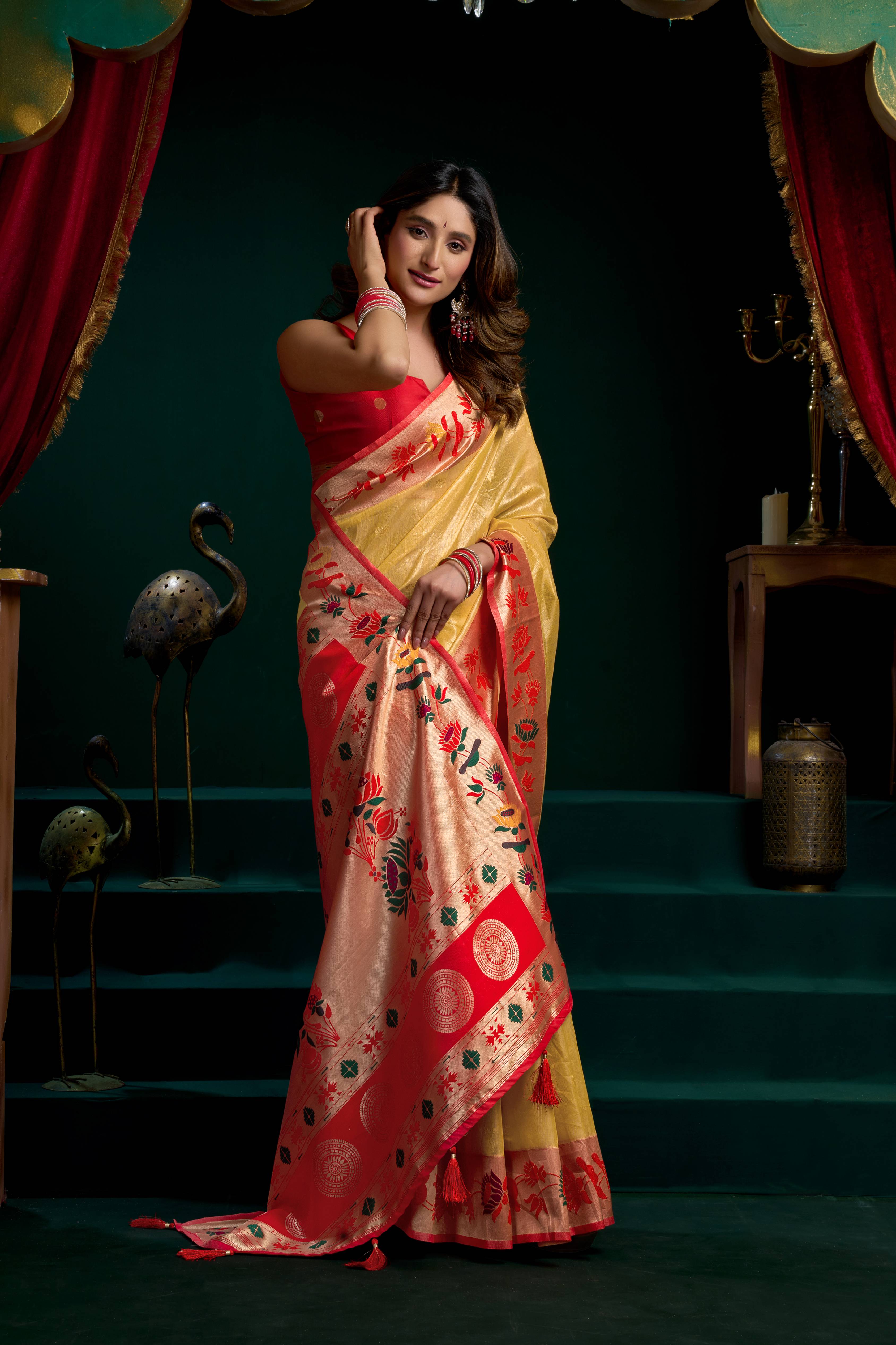Jyoti Fashion Women's Mustard Tissue Paithani Zari Woven Saree with Blouse