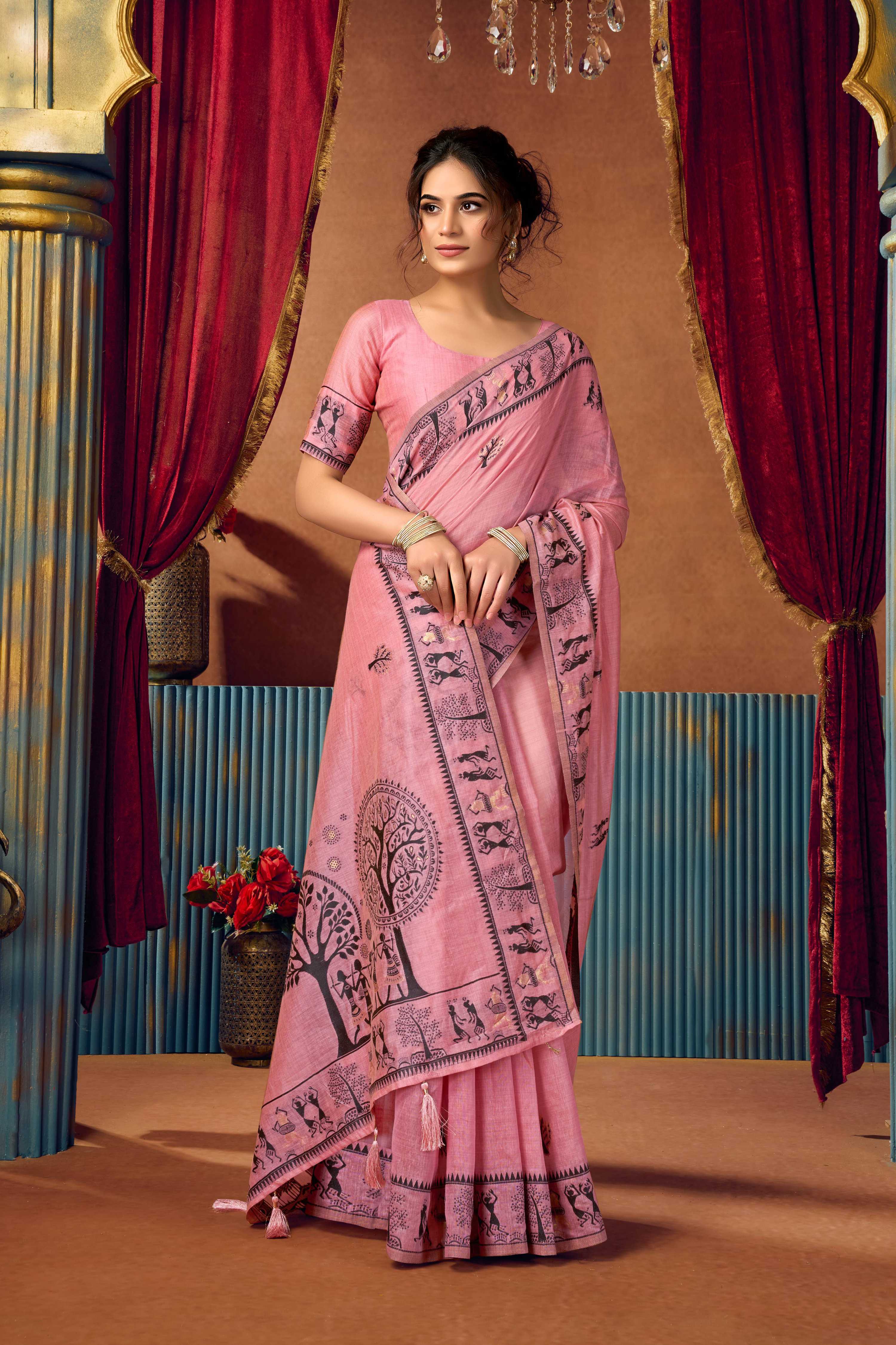 Jyoti Fashion Women's Pink Modal Zari Woven Saree with Blouse